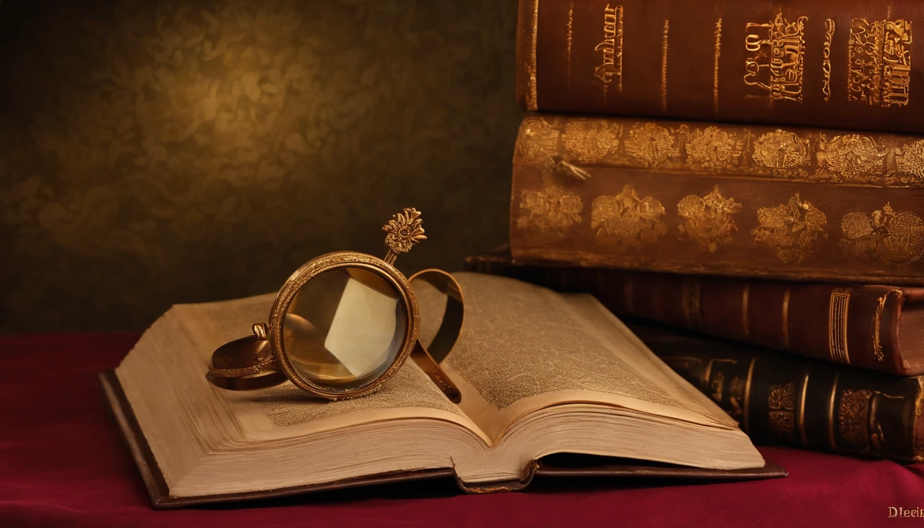 "Por favor, create a high-definition image of the Book with a magnifying glass on it that captures the reverence and spiritual significance of this holy book . The image should convey the historical and religious importance of the Book, apresentando-a de forma digna e respeitosa. Use soft lighting to highlight cover and page details, enfatizando sua textura e envelhecimento, if applicable. Position the Book in a setting that evokes a sacred environment, como uma prateleira de madeira em uma biblioteca antiga ou um altar iluminado. As cores devem ser sutis e a tipografia, se presente, deve ser elegante e discreta. The image should inspire a sense of reverence and spiritual connection to the words and teachings contained in the Holy book."