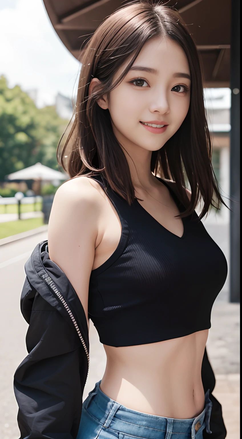 The 8k quality、Top image quality、超A high resolution、masterpiece、Photorealsitic、Raw photography、超A high resolution、21-year-old Korean、small tits、Dynamic angles、Cowboy Shots、smil、Laugh、The most beautiful forms chaos、elegent、Brutalist design、Vibrant colors、a short bob、smil、shiny white skin、Beautiful eyes with random colors、very thin lips、Beautiful eyes in every detail、Beautiful double eyelids、light chestnut hair、a park、Daytime outdoor、Overall、Black crop top、parka、hotpants、shot from a side angle、