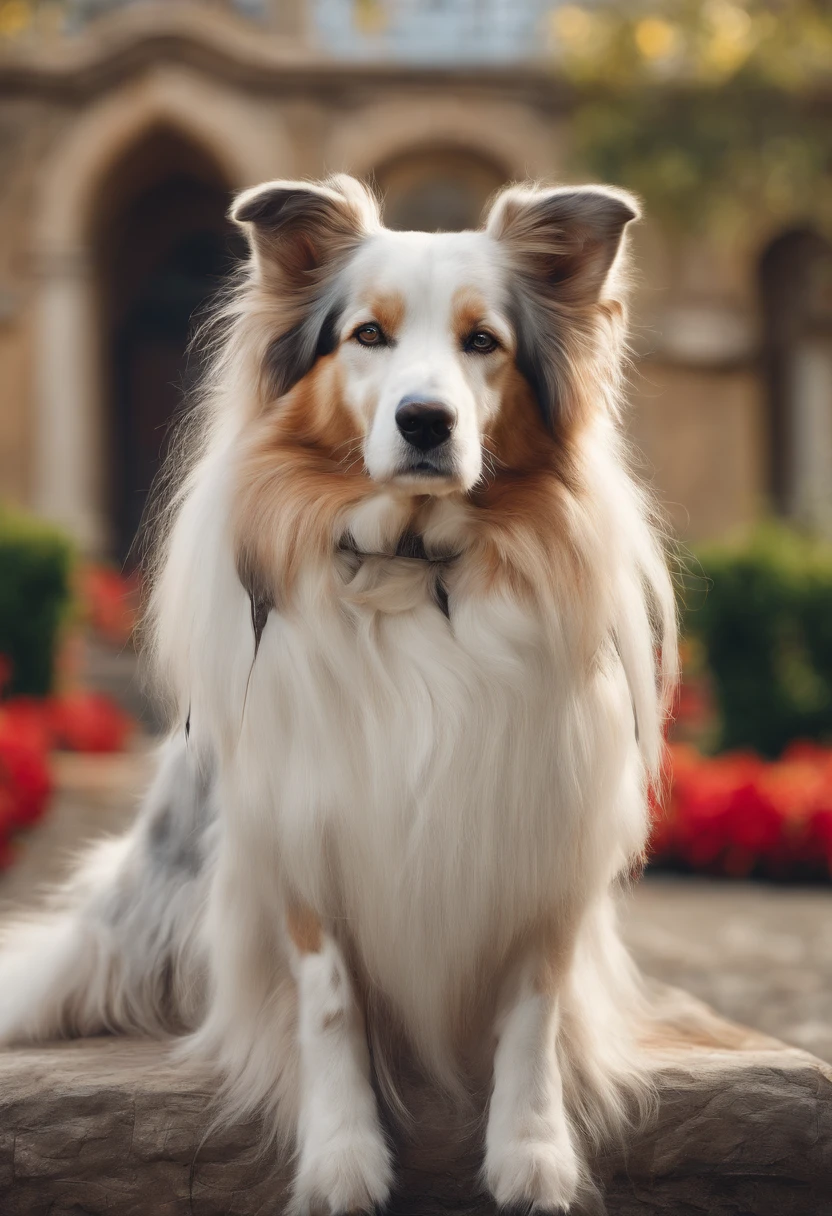 there is a dog that is standing in a baroque palace garden half dog, aussie, canine, nag, extremely handsome, regal pose, adult dog, long wavy fur, 2 years old, portrait image, border collie, fluffy ears and a long, mid shot portrait, large portrait, happy dog, medium breed, ultra realistic, high details, high definition