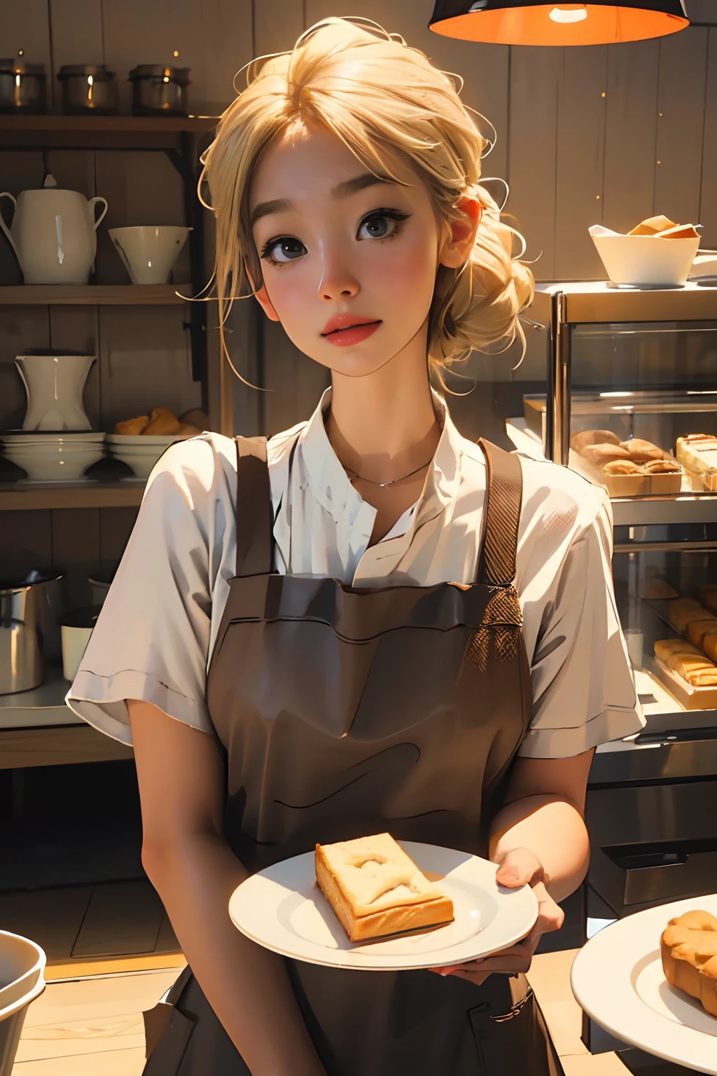 Girl with blonde hair, shop assistant, pastry shop assistant, pastry chef, aprons, plate in hand (high quality), (delicate face), very detailed, highest quality, professional lighting, It says "Good things to share" on the back,award-winning image.