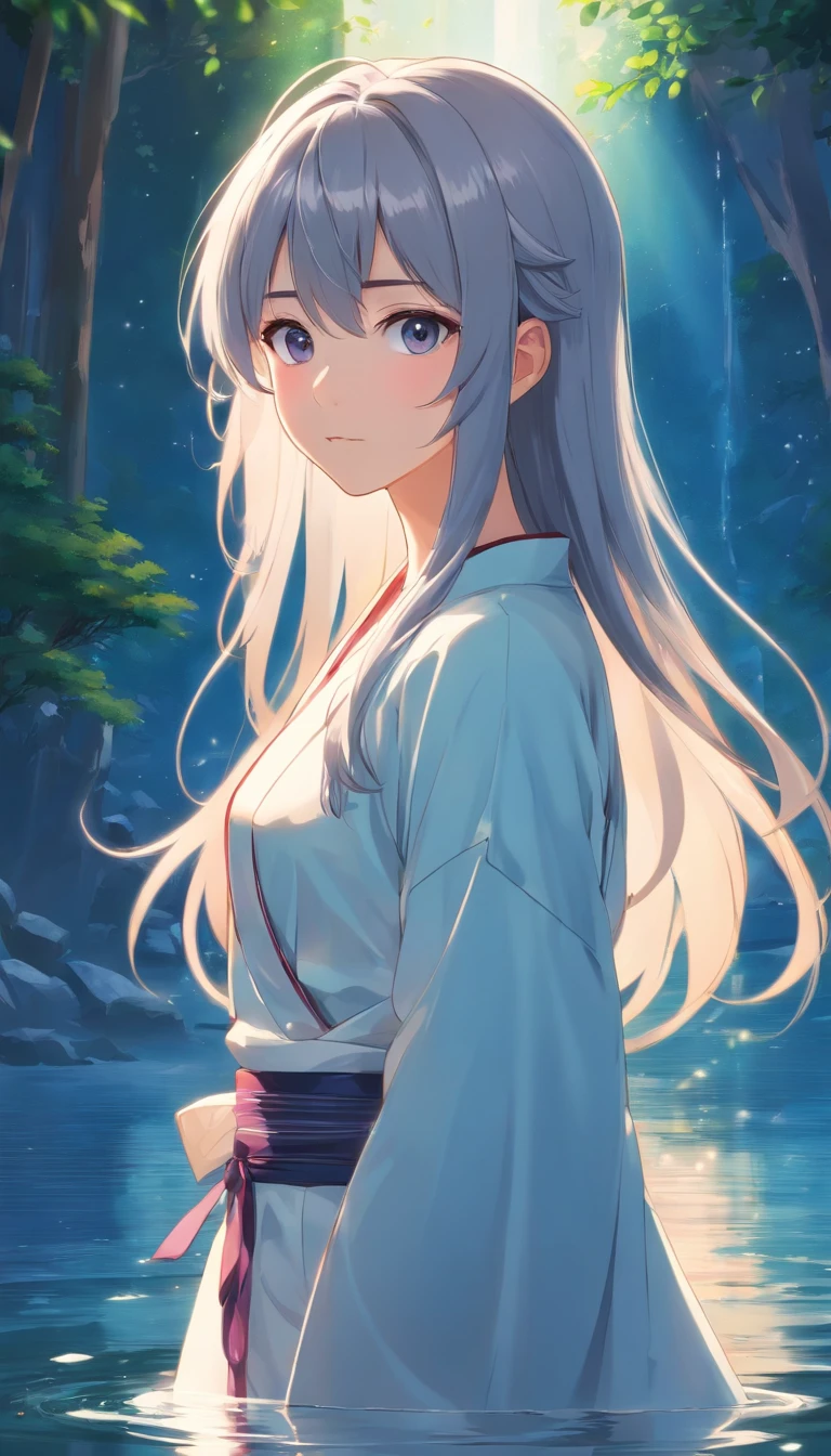 Japanese style,Young gray hair,shiny long hair, Flowing hair,white colors、Archaic background、backs、The whole body is reflected、reflection in water、waterface、Mystical、Very delicate eyes、facing back、backs、Whole body、full bodyesbian、1.6