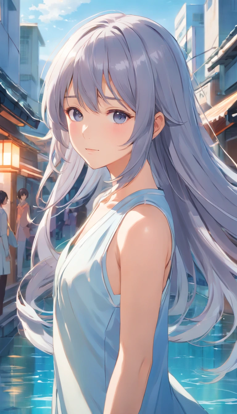 Japanese style,Young gray hair,shiny long hair, Flowing hair,white colors、Archaic background、backs、The whole body is reflected、reflection in water、waterface、Mystical、Very delicate eyes、facing back、backs、Whole body、full bodyesbian、1.6