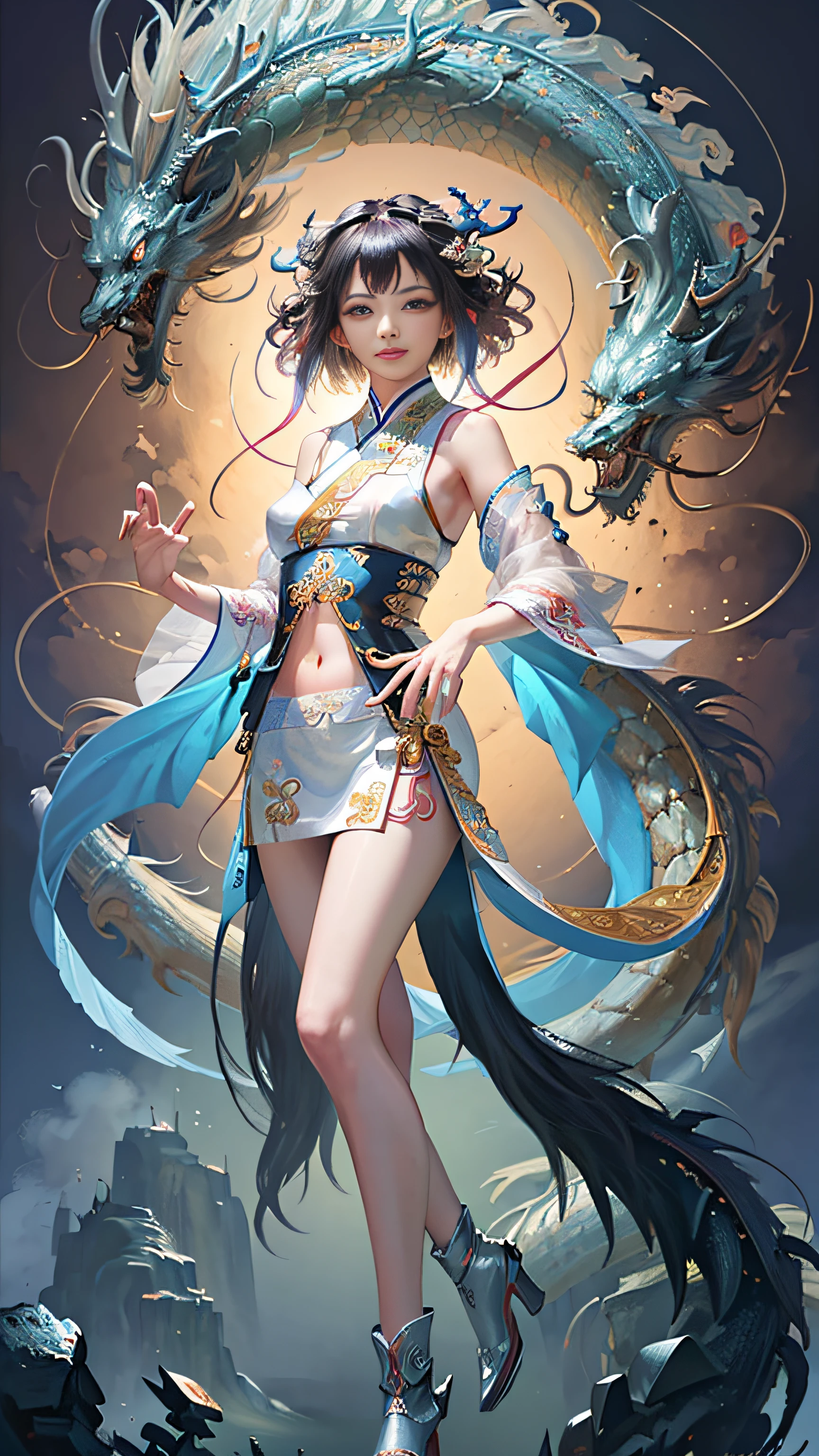 Official Art, Unified 8K Wallpapers, Ultra Detailed, Beautiful and Aesthetic, Masterpiece, Best Quality, (Zentangle, Tangle, Entangle), (fractal art: 1.4), 1girl, black hair, Chinese, off-the-shoulders, short skirt, calf, navel, very detailed, dynamic angle, cowboyshot, (most beautiful form chaos), ethereal, (bright colors), oc, (half: 1.2), china, (thangka flying sky: 1.5), (ribbon: 1.3), (dream: 1.5), (hanfu: 1.5), Chinese dragon, (smile: 0.5), (Chinese deity),