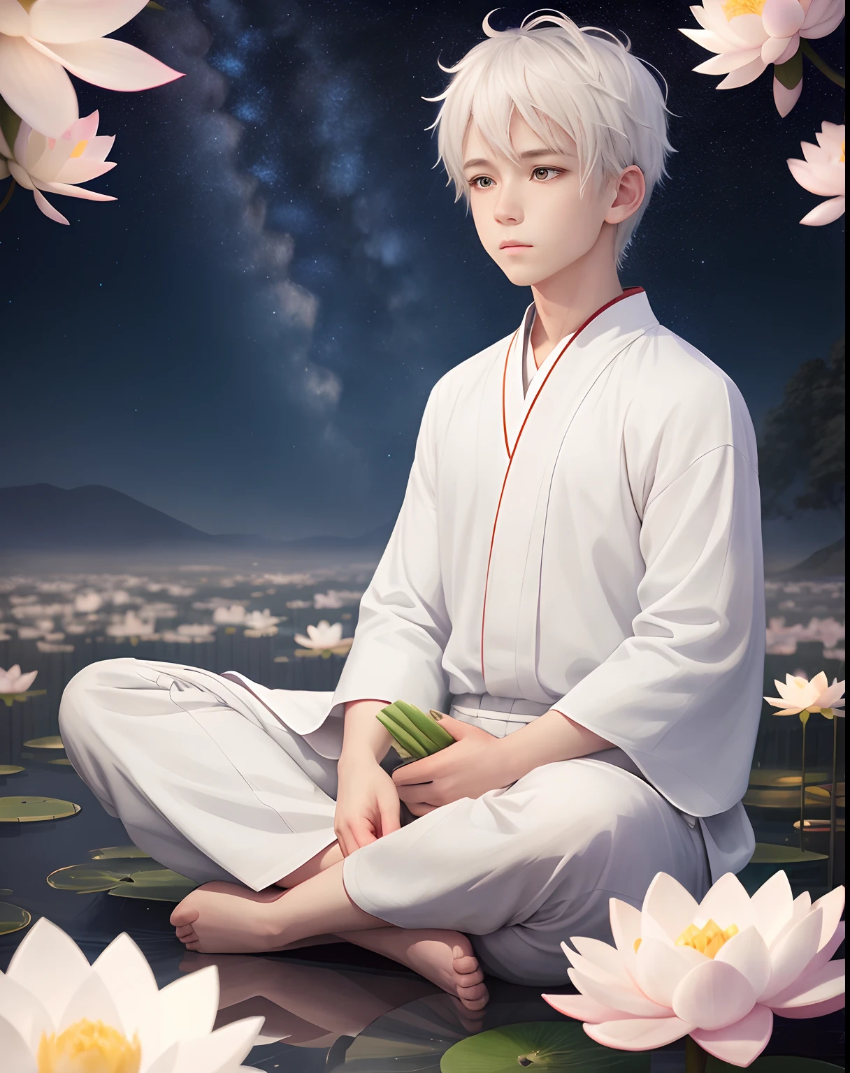 The white-clothed and white-haired boy meditated and practiced,anime backgrounds,on the sky,Lotus in bloom,Brilliant starry sky,HD quality,The picture is clear