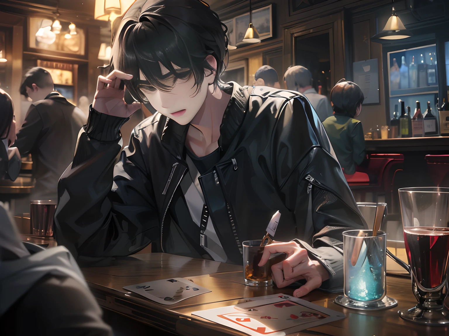 A 20-year-old boy wearing casual clothes with short black hair,Place your hands on the table,The action is dashing,Inside the bar,grand master,tmasterpiece,8k wallpaper,CG,Ultra-high image quality,light and shadow effect