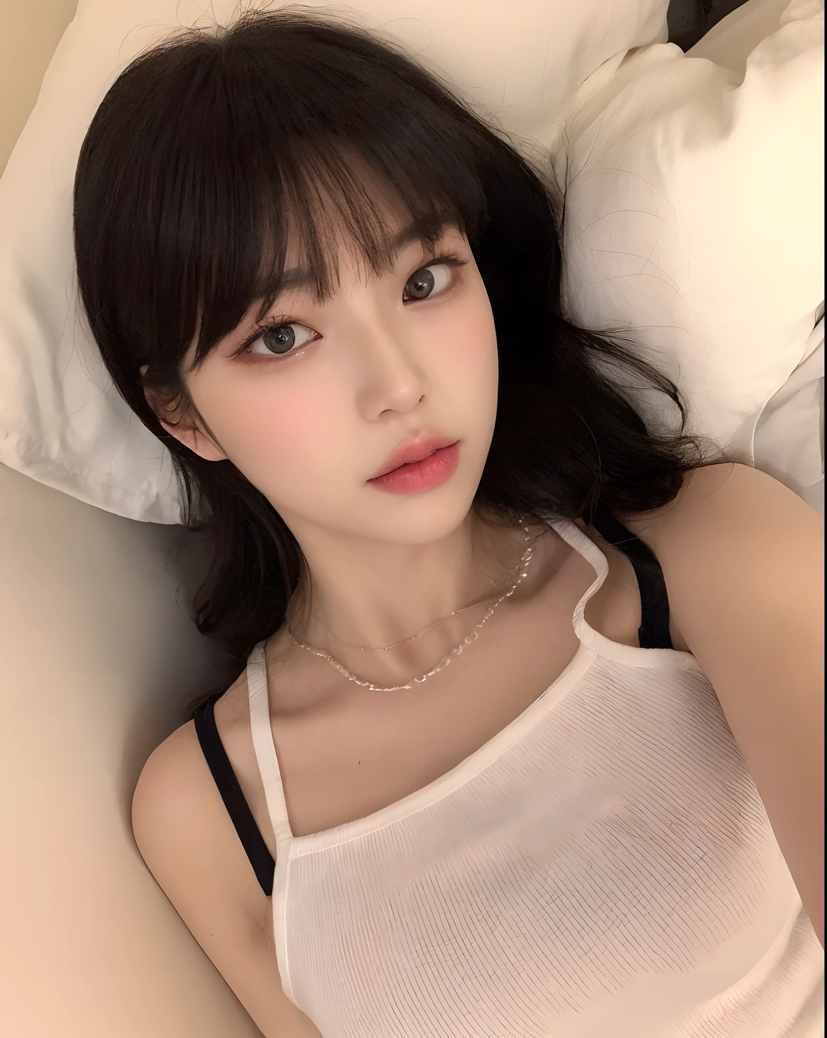 ((of the highest quality, 8K, masutepiece: 1.3)), Beauty, Hidden Face, 1 girl, Beauty: 1.3, Slender Abs: 1.1, Long Black Hair, (sitting on a bed), Ultra-detailed face, very detailed lips, Detailed eyes, Double eyelids,flushed complexion,