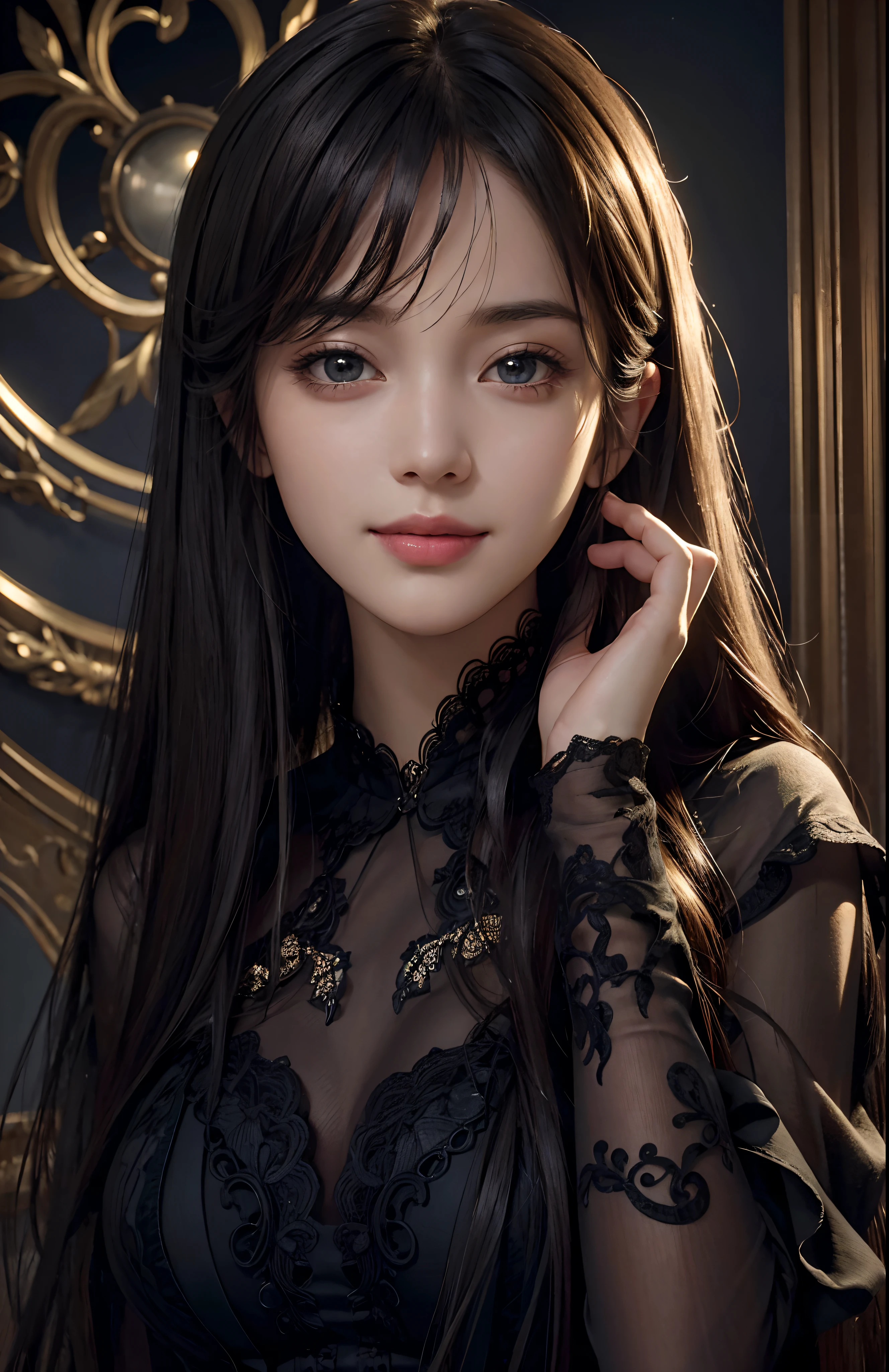 (Ultra Realistic), (Illustration), (Increased Resolution), (8K), (Extremely Detailed), (Best Illustration), (Beautiful and Detailed Eyes), (Best Quality), (Ultra Detailed), (Masterpiece ), ( wallpaper), (detailed face), solo, 1 girl, looking at viewer, fine details, detailed face, in the dark, deep shadows, low key, pureerosfaceace_v1, smiling, long hair, black shawl straight hair , 46 points oblique bangs, sly smile