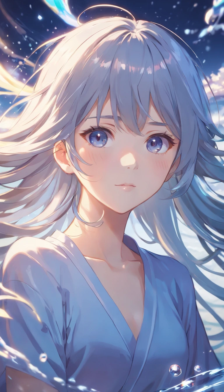 Japanese style，Young gray hair，shiny long hair, Flowing hair，white colors、Archaic background、backs、The whole body is reflected、waterface、Mystical、Very delicate eyes、facing back、backs、Whole body、full body Esbian、1.6