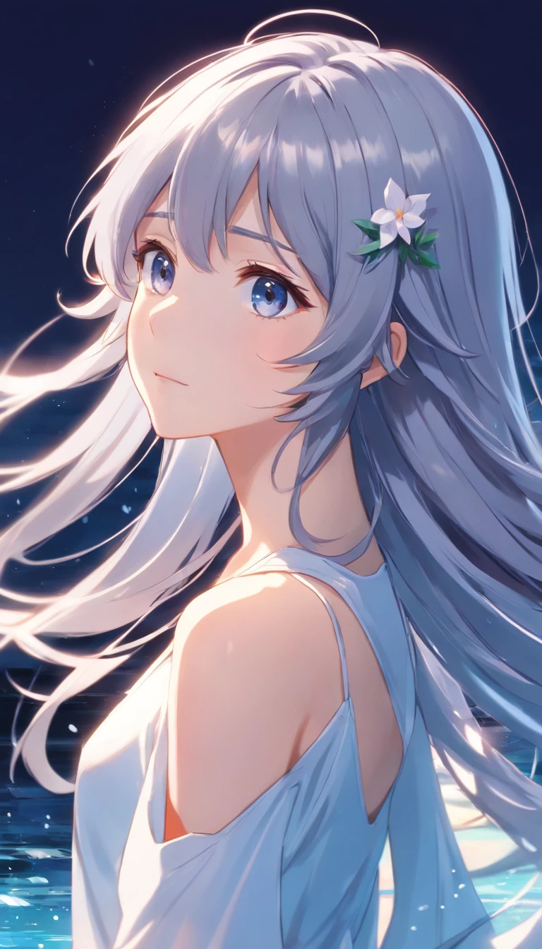 Japanese style,Young gray hair,shiny long hair, Flowing hair,white colors、Archaic background、backs、The whole body is reflected、waterface、Mystical、Very delicate eyes、facing back、backs、Whole body、full body Esbian、1.6