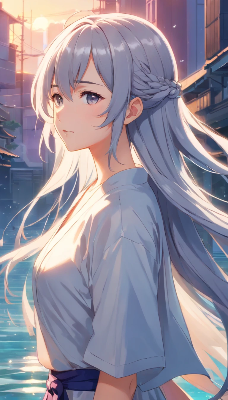 Japanese style，Young gray hair，shiny long hair, Flowing hair，white colors、Archaic background、backs、The whole body is reflected、waterface、Mystical、Very delicate eyes、facing back、backs、Whole body、full body Esbian、1.6