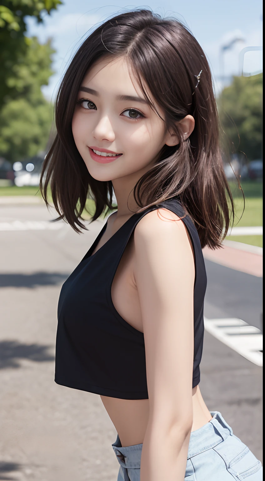 The 8k quality、Top image quality、超A high resolution、​masterpiece、Photorealsitic、Raw photography、超A high resolution、21-year-old Korean、small tits、Dynamic angles、Cowboy Shots、smil、Laugh、The most beautiful forms chaos、elegent、Brutalist design、Vibrant colors、a short bob、smil、shiny white skin、Beautiful eyes with random colors、very thin lips、Beautiful eyes in every detail、Beautiful double eyelids、light chestnut hair、a park、Daytime outdoor、Overall、Black crop top、parka、hotpants、shot from a side angle、