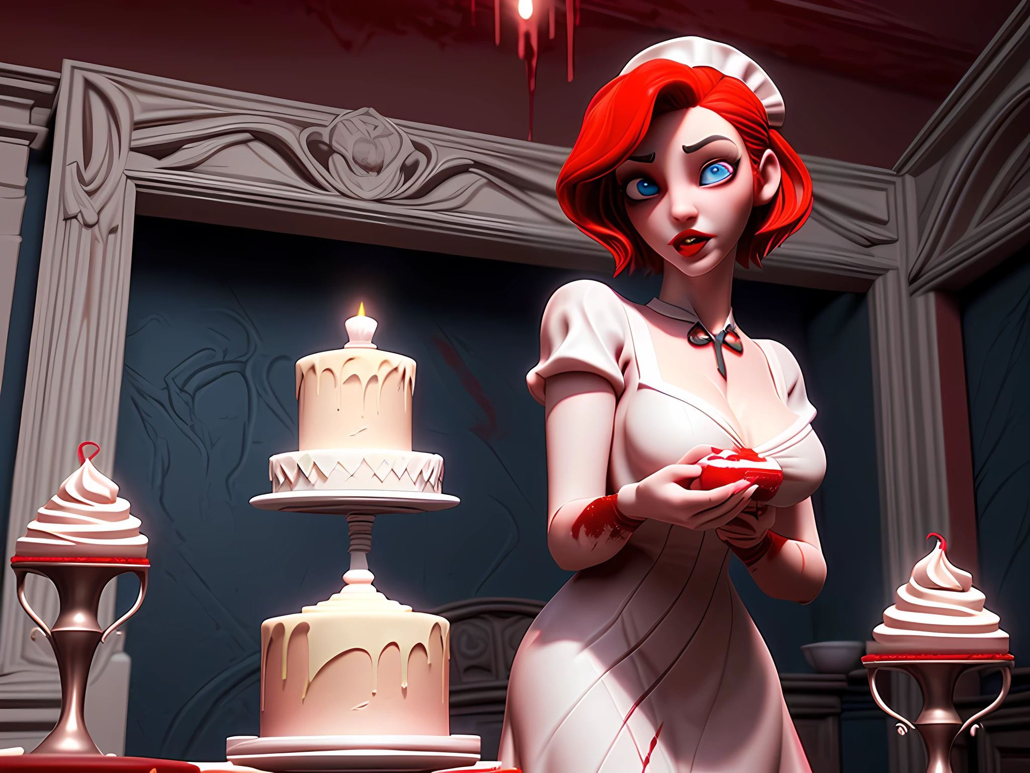 a 3D cartoon picture of extremely (beautiful female vampire: 1.4) looking at (red MasterChef style cake: 1.5), an exquisite beautiful vampire, ultra feminine ultra detailed face, red hair, short hair, pale skin, red lips, blue eyes, wearing sexy white seductive latex dress, blood stains on the dress, looking at a red Bakeoff, award winning cake, 2 floors, decorated with red whipped cream, and artful stylish decorations, blood dripping from the cake, dark castle style kitchen background, dim candles light, dark fantasy art, gothic art,  dynamic angle, best details, best quality, 16K, [ultra detailed], masterpiece, best quality, (ultra detailed), full body, ultra wide shot, photorealistic, 3D rendering