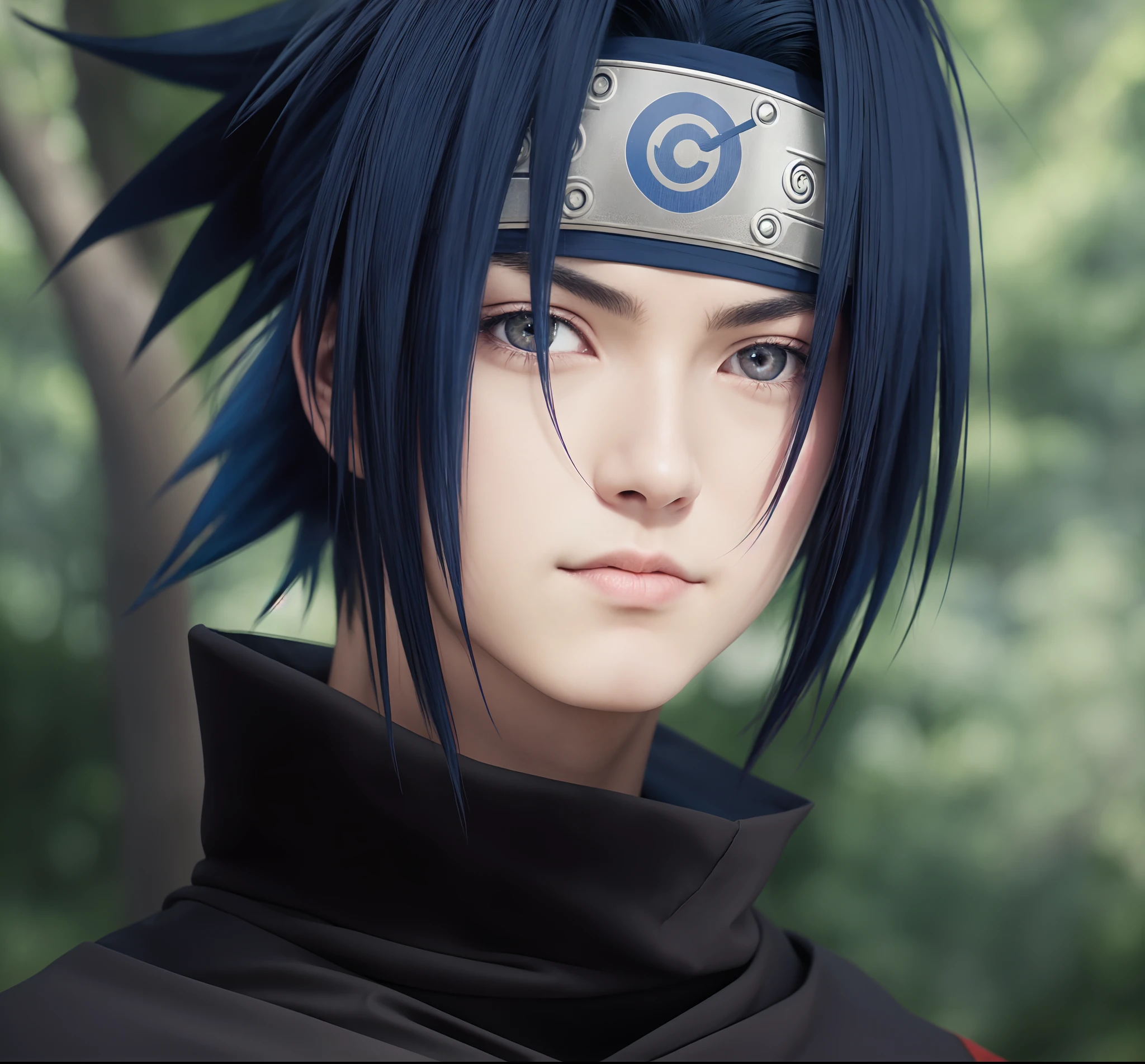 sasuke uchiha, solo, ((man)), ((young man)), 1boy, male_focus, black_hair, looking_at_viewer, closed_mouth, black_eyes, tree, forest, nature, forehead_protector, headband, outdoors, konohagakure_symbol, upper_body, ninja, v-shaped_eyebrows, frown, blue_hair, serious, cinematic, dramatic lighting photography, national geographic, photo, photography, Stoic, cinematic, 4k, epic, detailed photograph, shot on kodak detailed, cinematic, dark moody, volumetric fog