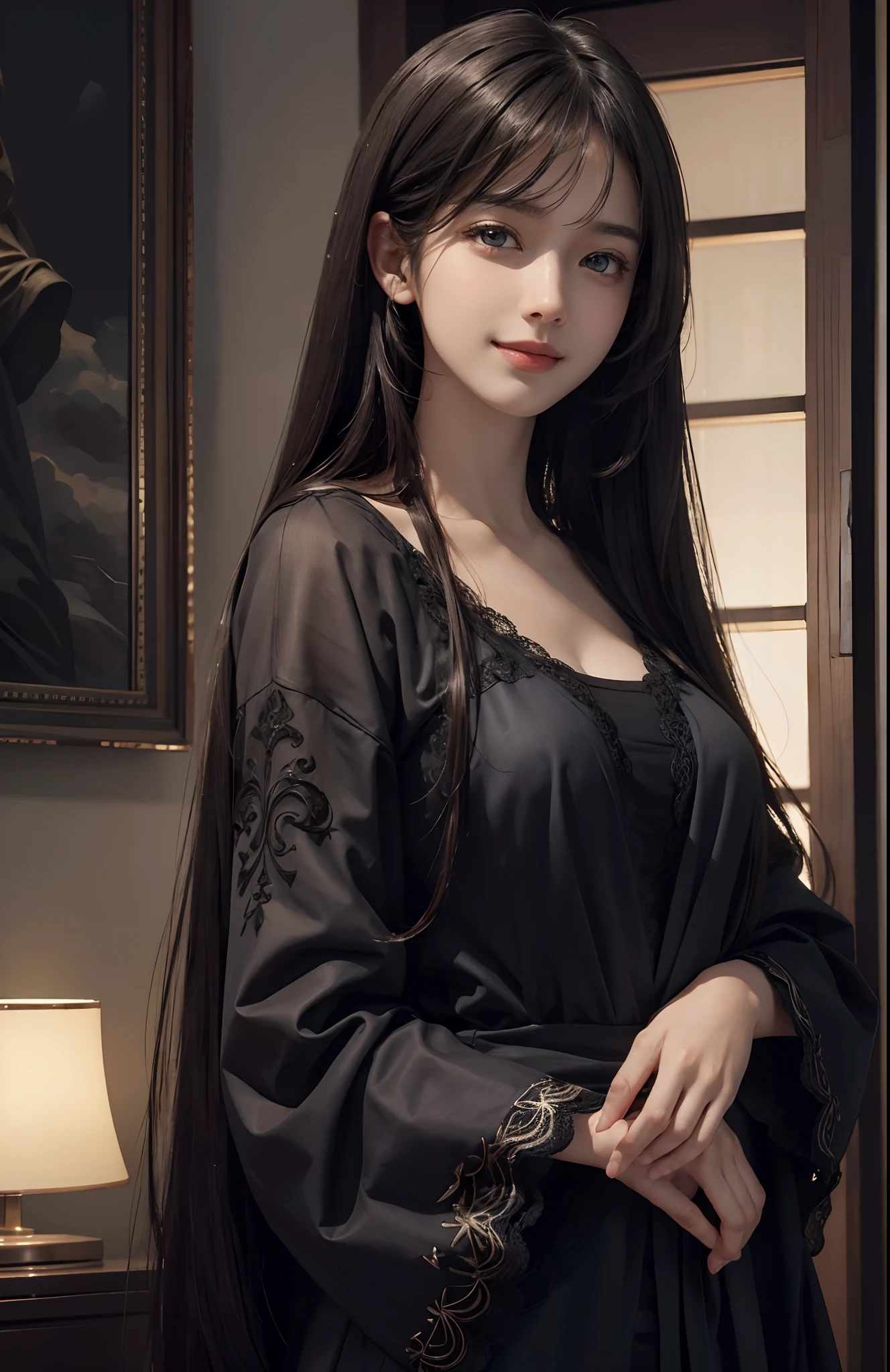 (Ultra Realistic), (Illustration), (Increased Resolution), (8K), (Extremely Detailed), (Best Illustration), (Beautiful and Detailed Eyes), (Best Quality), (Ultra Detailed), (Masterpiece ), ( wallpaper), (detailed face), solo, 1 girl, looking at viewer, fine details, detailed face, in the dark, deep shadows, low key, pureerosfaceace_v1, smiling, long hair, black shawl straight hair , 46 points oblique bangs, sly smile