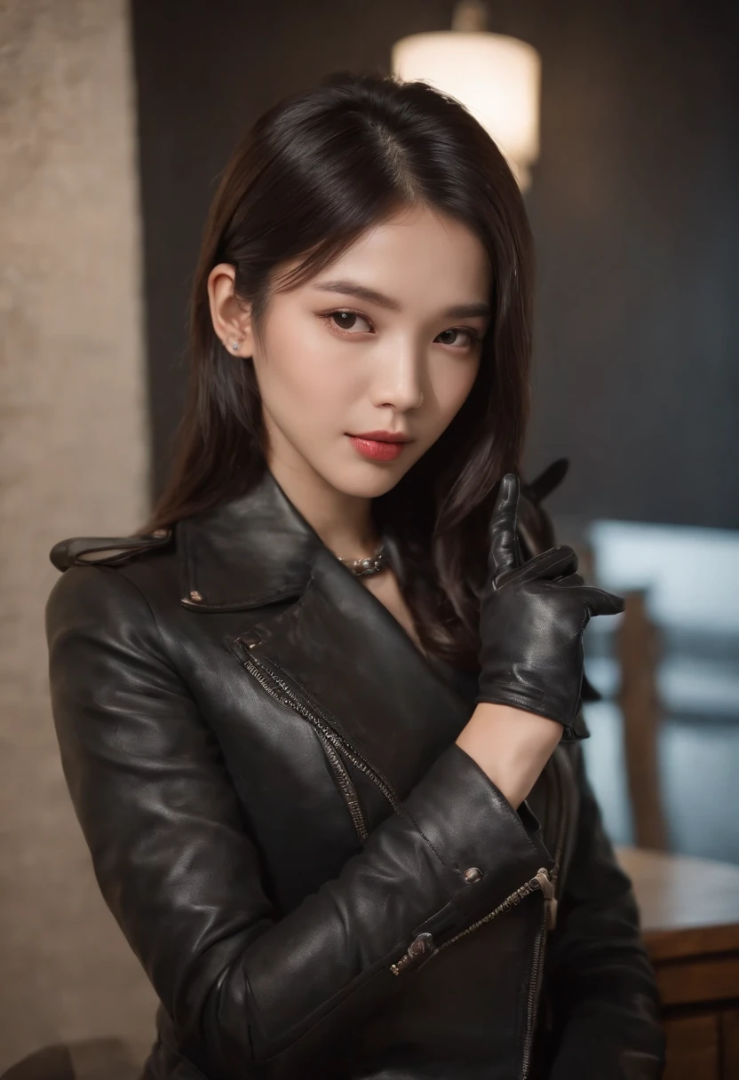 Wearing black leather gloves up to the fingertips in both hands and covering the upper body, black leather double riders jacket, slender necklace, a young and cute Japanese girl with beautiful black hair, sitting on a black leather chair facing the desk in the president's room at night