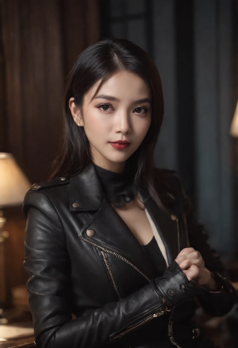 Wearing black leather gloves up to the fingertips in both hands, covering the upper body, black leather double riders jacket, slender necklace, a young and cute Japanese girl with beautiful black hair, sitting on a black leather chair facing the desk in the president's room at night, put her hands on her chest