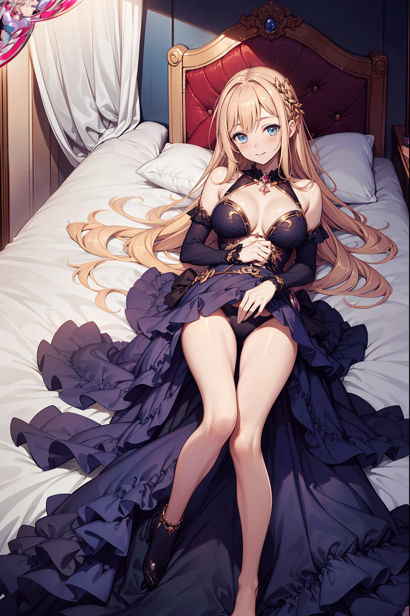 teens girl，Enchanted，having fun，Being in love，Princess dress，Dark black swimsuit，Light purple cloth，(Transparent skirt)，exquisite costumes，inside in room，Dark scene，natta，solo person，(blond hairbl)，(pale blue color eyes),(Lie down)，pillow head