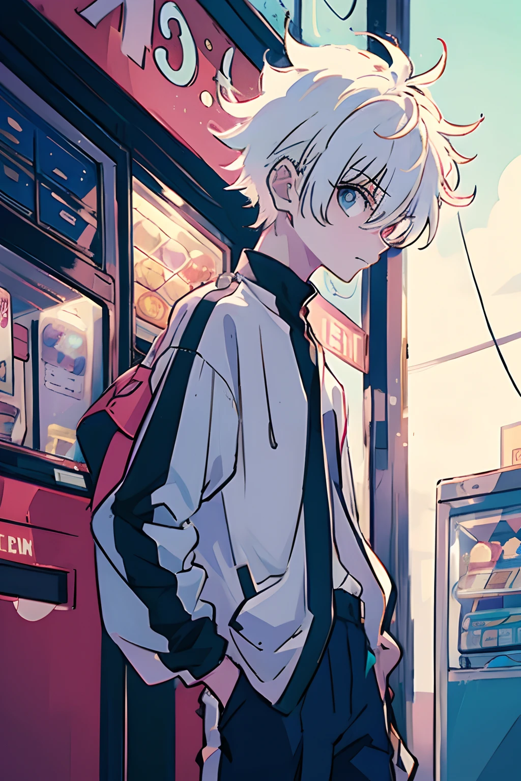 1boy, killua_zoldyck, solo, focus, teen, walking, looking down, worried, peach jacket, white shirt, shorts, upper body, from side, small town, soft light, looking at viewer, vending machine