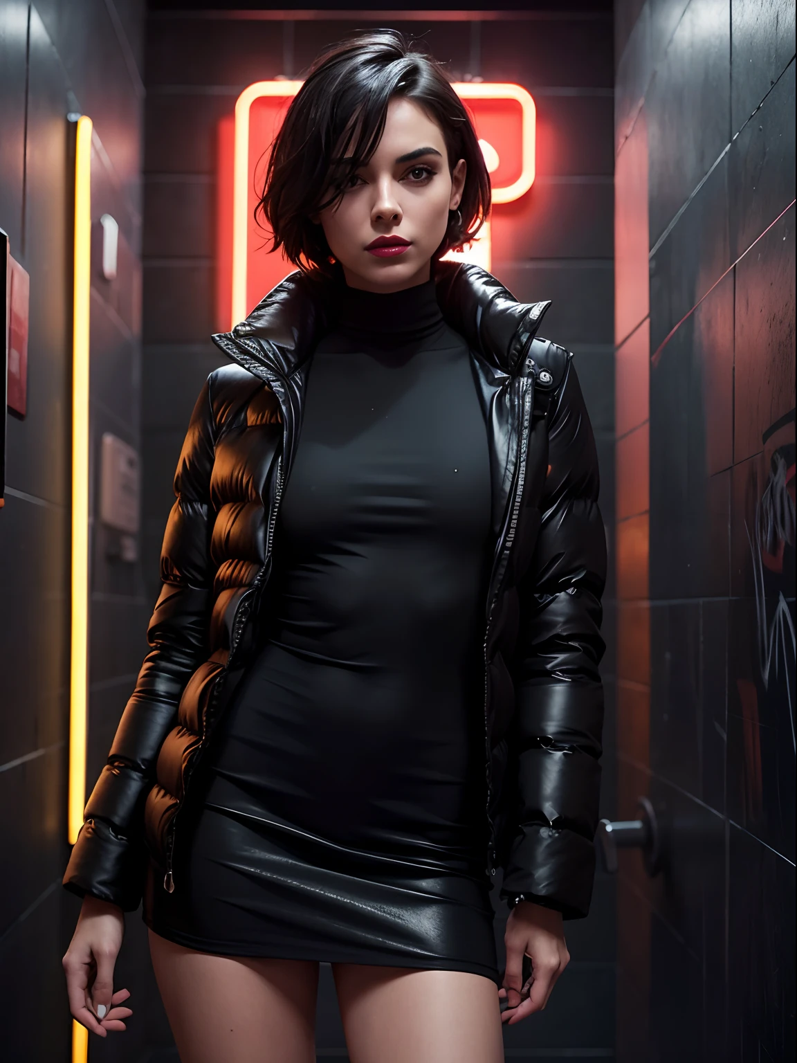 A photo of a woman in a public bathroom captures the allure of a tall, skinny figure with short hair, wearing a sexy black dress and a black puffer jacket, standing in front of graffiti-covered walls; the dimly lit space accentuates the wet hair glistening under a neon sign, while her red lips add a touch of intrigue, dark atmosphere, intricate, sexy, High quality, 8k masterpiece,