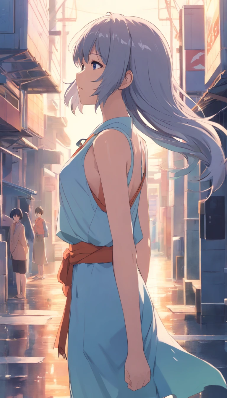 Japanese style，Young gray hair，shiny long hair, Flowing hair，white colors、Archaic background、backs、The whole body is reflected、waterface、Mystical、facing back、backs、Whole body、full body Esbian、1.6、No face、Facing backwards、on  back、The person is far away