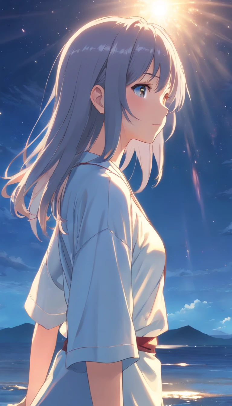 Japanese style,Young gray hair,shiny long hair, Flowing hair,white colors、Archaic background、backs、The whole body is reflected、waterface、Mystical、facing back、backs、Whole body、full body Esbian、1.6、No face、Facing backwards、on back、The person is far away