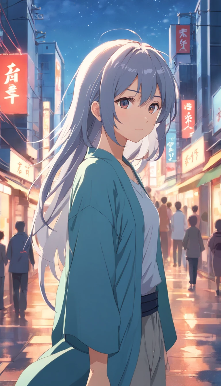 Japanese style,Young gray hair,shiny long hair, Flowing hair,white colors、Archaic background、backs、The whole body is reflected、waterface、Mystical、facing back、backs、Whole body、full body Esbian、1.6、No face、Facing backwards、on back、The person is far away