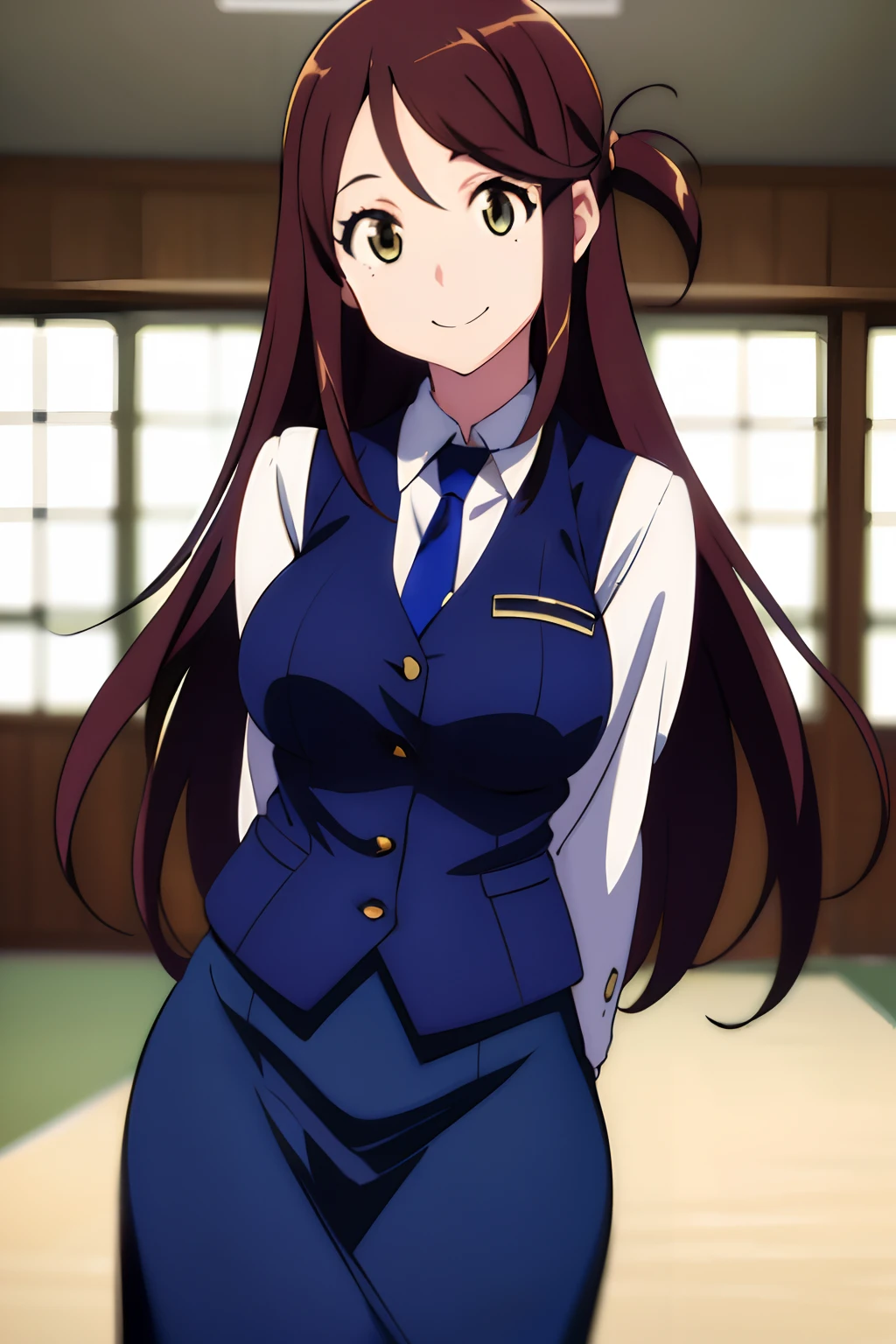 (masterpiece, best quality:1.2), cowboy shot, solo, 1girl, nana iida, smile, closed mouth, looking at viewer, arms behind back, uniform, vest, necktie, blue skirt