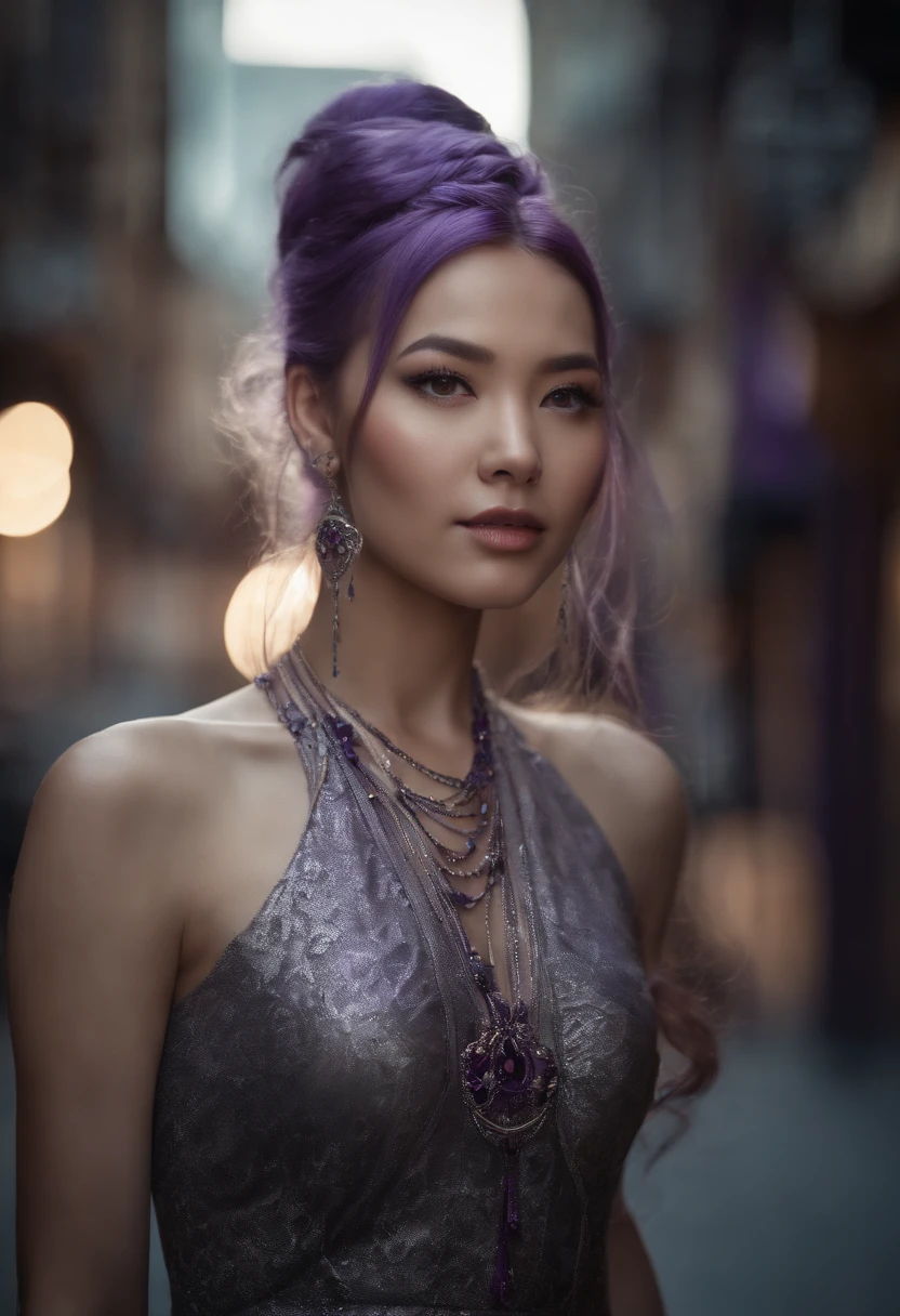 masterpiece, best quality, ultra high res,photon mapping,best shadow,portrait,beauty detail,ultra high detail,long purple hair,single braid,blunt bangs,medium breasts,city,chinatown,downtown,see through, short dress, low cut:2, hair ornament, earrings, necklace, portrait, silver dress:2, looking at viewer,solo,professional light, detailed skin,