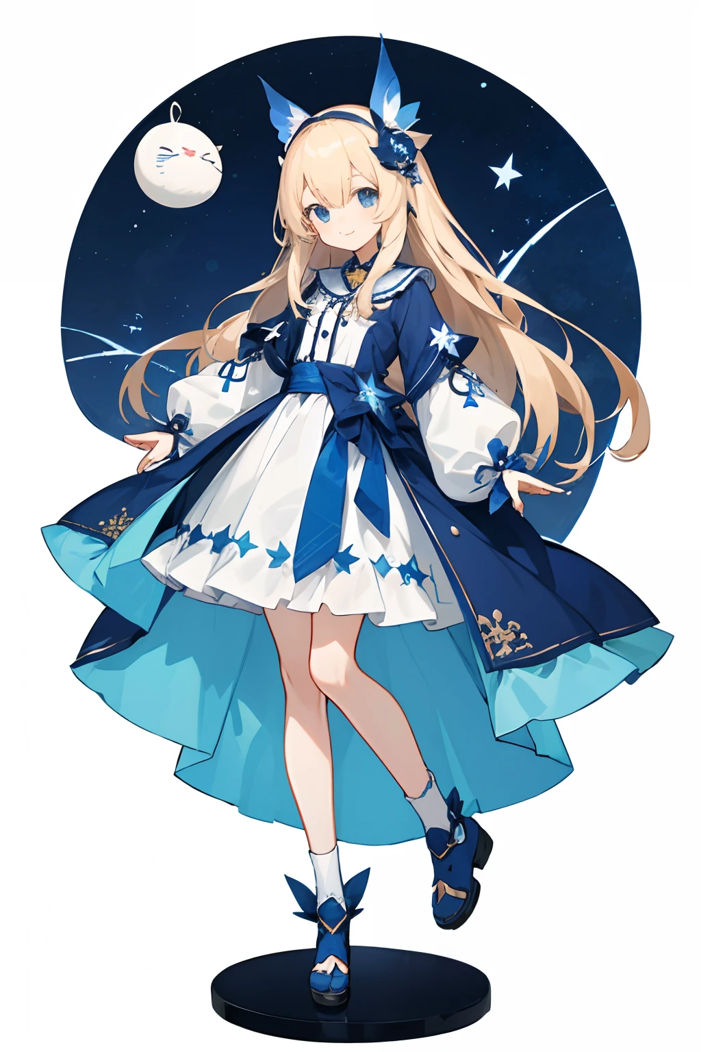 (Top quality illustrations:1.2)、(girl with:1.0)、(独奏:1.0)、(Clothing with a new design:1.0)、(Long bangs:0.3)(Clothing designed like a game character:1.0)、(The upper part of the body:1.0)、(ultra-detailliert) 、hight resolution、4K:1.0)、light cream hair、Unusual fashion、Game character clothes、Great design、length hair、Fashionable hair ornaments、New design、Long cloth attaches to the waist、Star Design、Wearing a transparent cloth、Smile quietly、Lots of dark blue、Dark blue clothes、White skirt、beautful view、master peace、1girl in