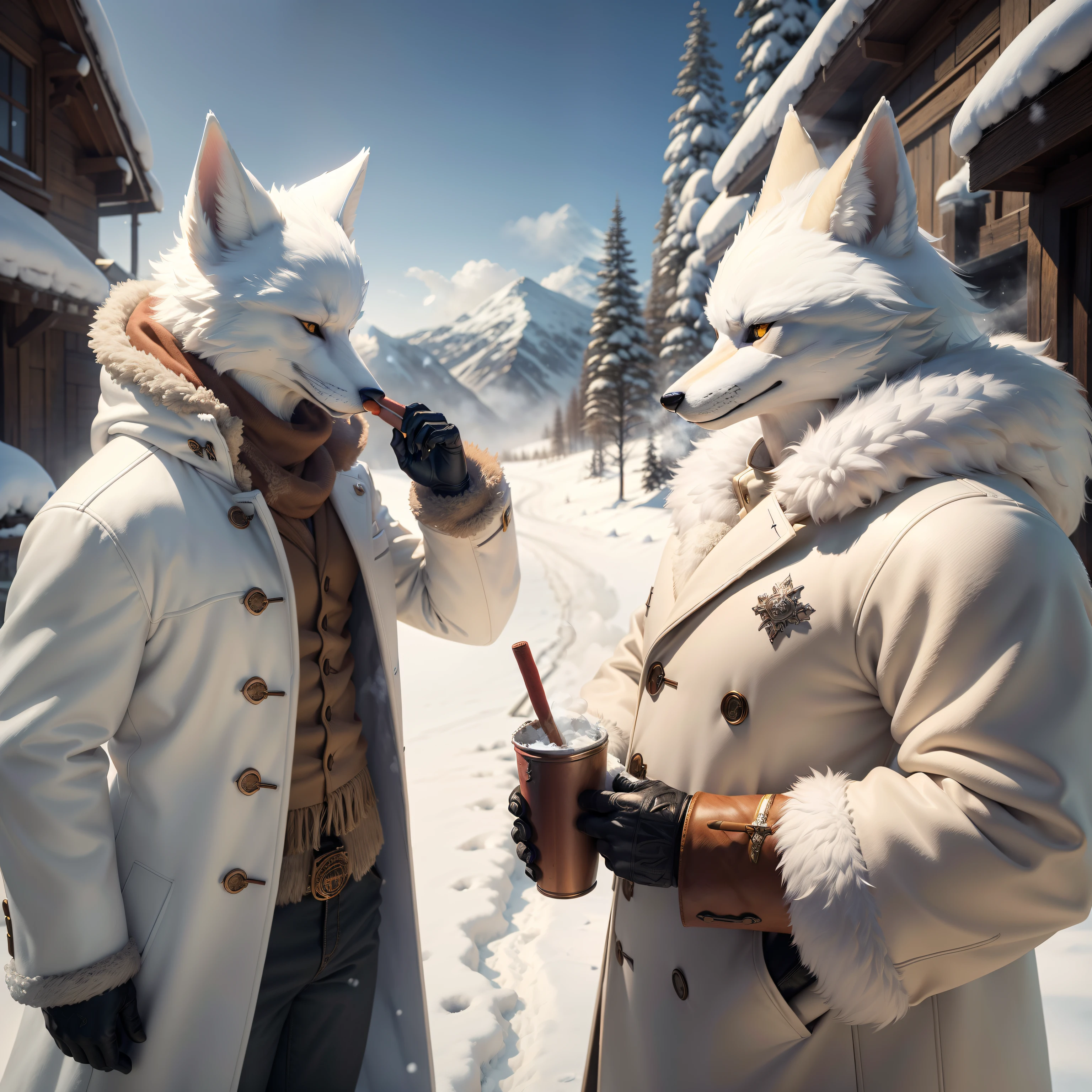 ((Realistic)), ((Detailed)), illustration, Scene perspective (Scenic setting), Character appearance (White fur fox head and humanoid body，Wear a smooth coat, It rings while smoking a cigar on a snowy morning，Homem-Imponente), Background element (Snowfields in winter).