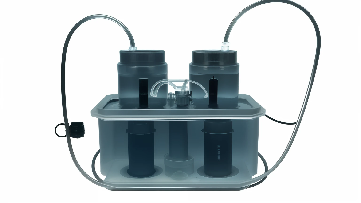 there is a small container with three tubes attached to it, water-cooled, bottom - view, watercore, ferrofluid oceans, full - view, dissolution filter, symmetrical front view, watercooling, under water deep sea laboratory, monochrome, with pipes attached to it, water cuastics, underwater ink env, full of ferrofluid, prototype