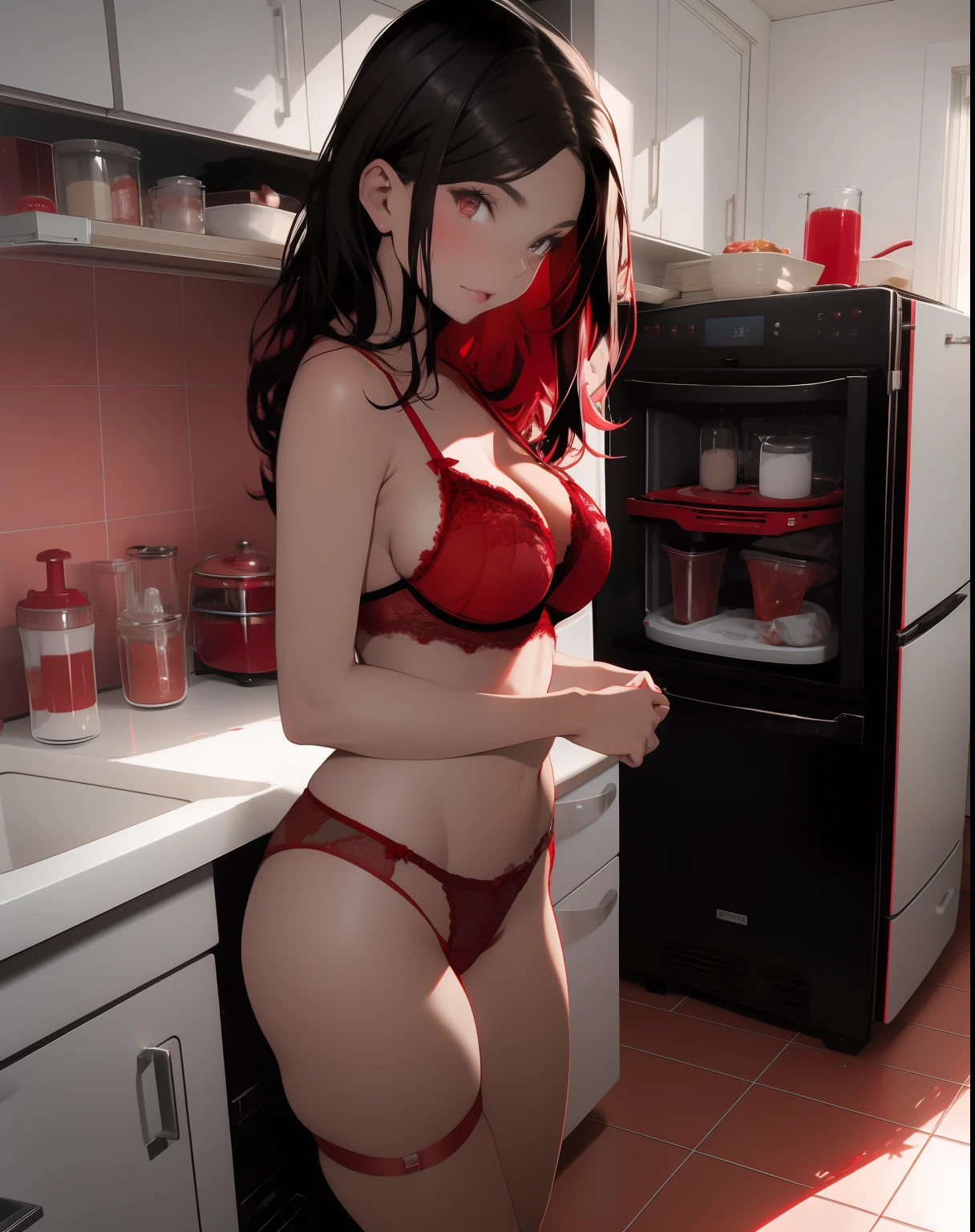 araffed woman in red lingerie posing in kitchen with refrigerator, lingerie, sexy girl, red lace, emily ratajkowski, red bra, very sexy, stunning model, laced lingerie, victoria's secret model, gorgeous figure, beautiful model, wearing sexy lingerie, red hot,