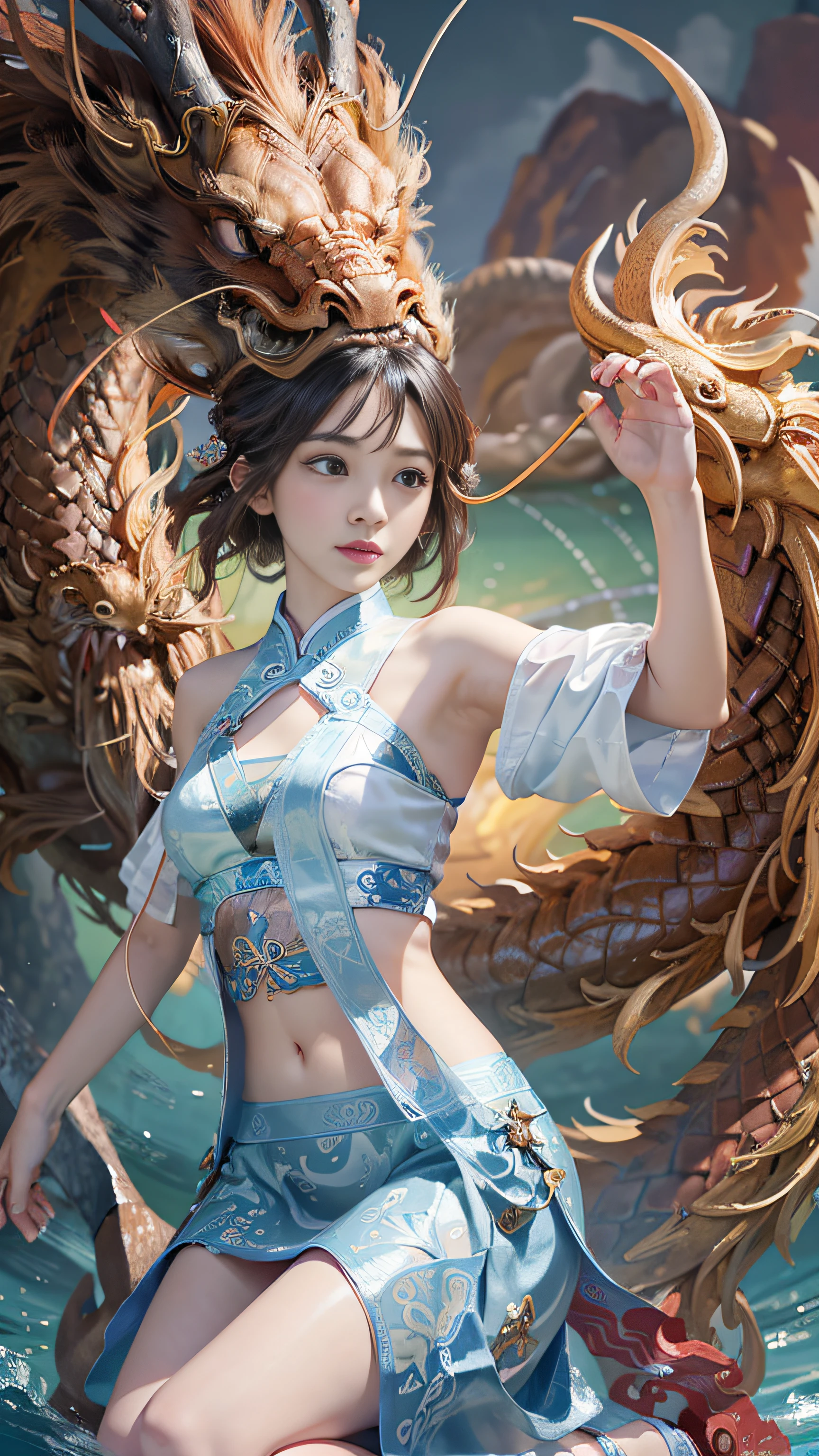 Official Art, Unified 8K Wallpapers, Ultra Detailed, Beautiful and Aesthetic, Masterpiece, Best Quality, (Zentangle, Tangle, Entangle), (fractal art: 1.4), (character center: 1.3), 1girl, black hair, Chinese, off-the-shoulders, short skirt, calf, navel, very detailed, dynamic angle, cowboyshot, (most beautiful form of chaos), ethereal, (bright colors), oc, (half: 1.2), china, (thangka flying sky: 1.5), (ribbon: 1.3), (dream: 1.5), (hanfu: 1.5), Chinese dragon, Chinese phoenix, (smile: 0.5), ( Chinese deities),