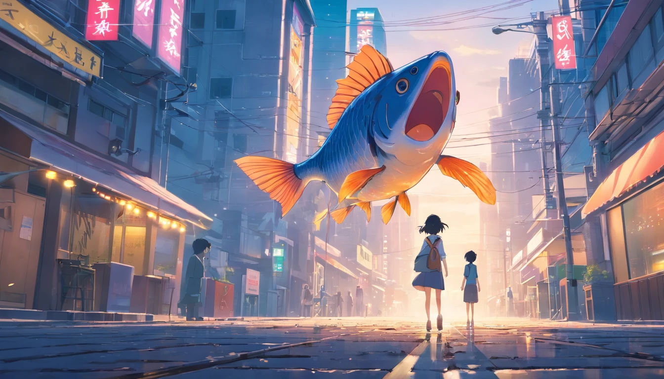 Best Quality, masutepiece, Ultra-high resolution, Super huge and violent (Anthropomorphic fish) The Monster, Luminous Eyes, broken streets, Broken city, Gravel-covered ground, Broken sign, Japan Invaders, 8K, Natural light surreal science fiction scene, From the point of view of the lowest layer (light and shadow effect),(depth of field effect),(Tyndale),(Optical particle tracking),(nffsw),(Horror Movie Lighting Visual Effects),(Volumetric lighting),(Bright colors),