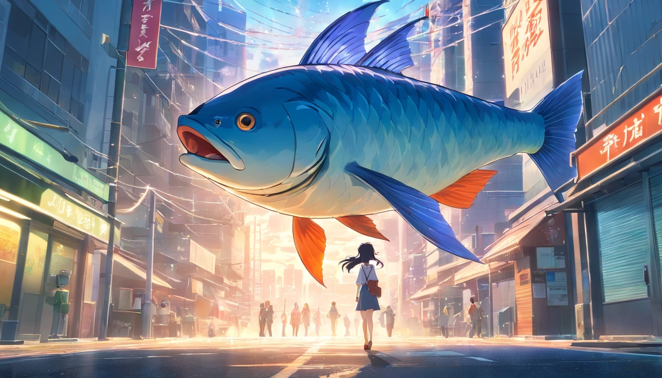 Best Quality, masutepiece, Ultra-high resolution, Super huge and violent (Anthropomorphic fish) The Monster, Luminous Eyes, broken streets, Broken city, Gravel-covered ground, Broken sign, Japan Invaders, 8K, Natural light surreal science fiction scene, From the point of view of the lowest layer (light and shadow effect),(depth of field effect),(Tyndale),(Optical particle tracking),(nffsw),(Horror Movie Lighting Visual Effects),(Volumetric lighting),(Bright colors),