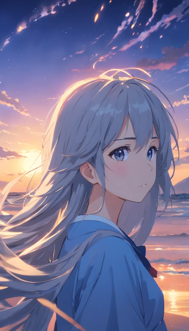 Japanese style，Young gray hair，shiny long hair, Flowing hair，white colors、Archaic background、backs、The whole body is reflected、waterface、Mystical、facing back、backs、Whole body、full body Esbian、1.6、No face、Facing backwards、on  back、The person is quite far away、The whole picture is shown from head to foot、mysterious background、Fantastic background、The dim