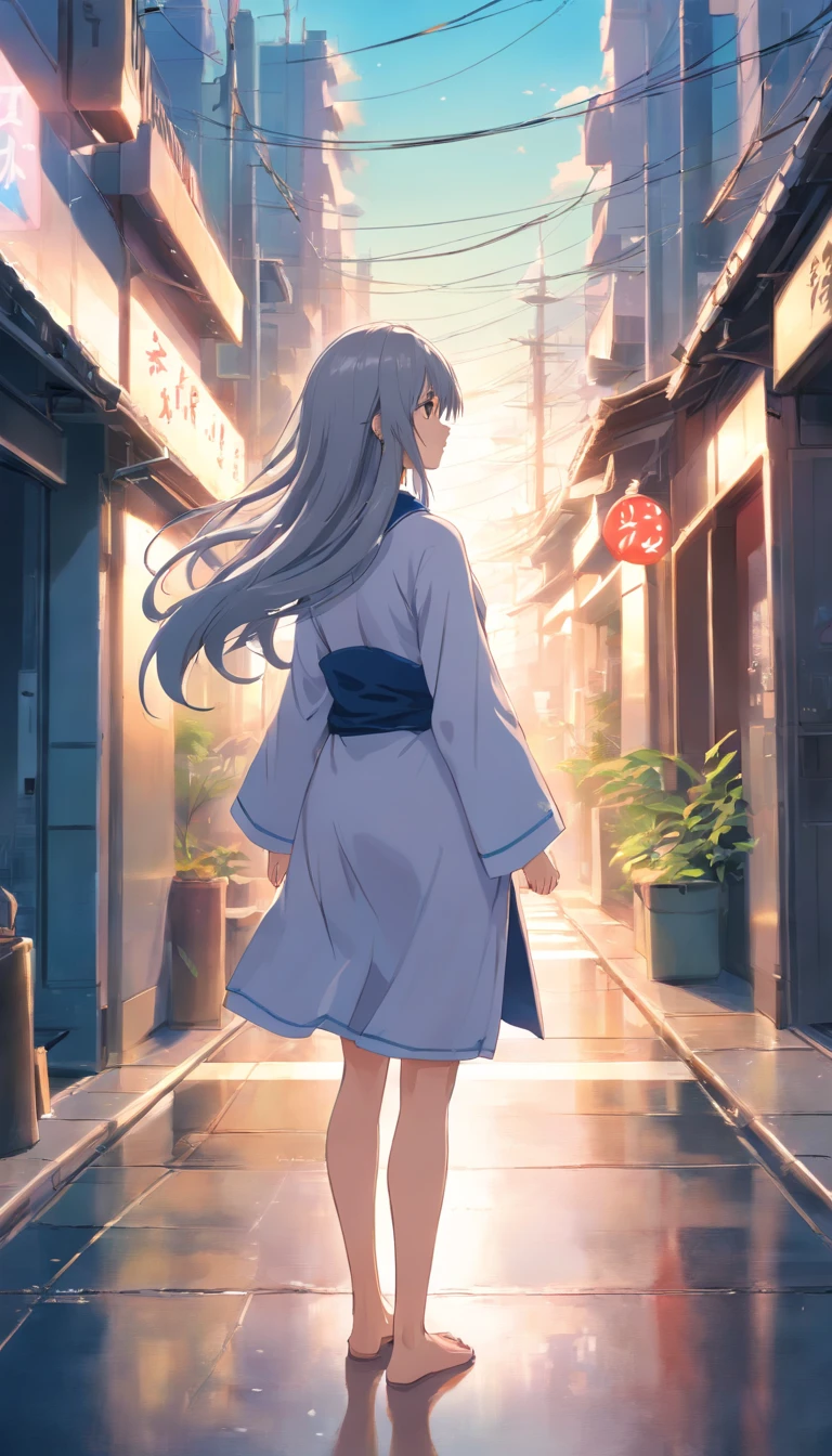 Japanese style,Young gray hair,shiny long hair, Flowing hair,white colors、Archaic background、backs、The whole body is reflected、waterface、Mystical、facing back、backs、Whole body、full body Esbian、1.6、No face、Facing backwards、on back、The person is quite far away、The whole picture is shown from head to foot、mysterious background、Fantastic background、The dim