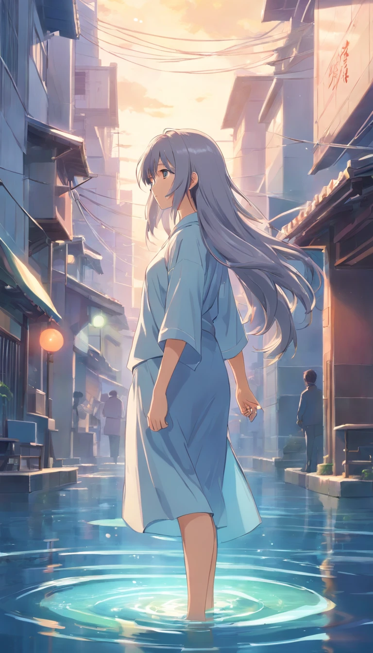 Japanese style,Young gray hair,shiny long hair, Flowing hair,white colors、Archaic background、backs、The whole body is reflected、waterface、Mystical、facing back、backs、Whole body、full body Esbian、1.6、No face、Facing backwards、on back、The person is quite far away、The whole picture is shown from head to foot、mysterious background、Fantastic background、The dim