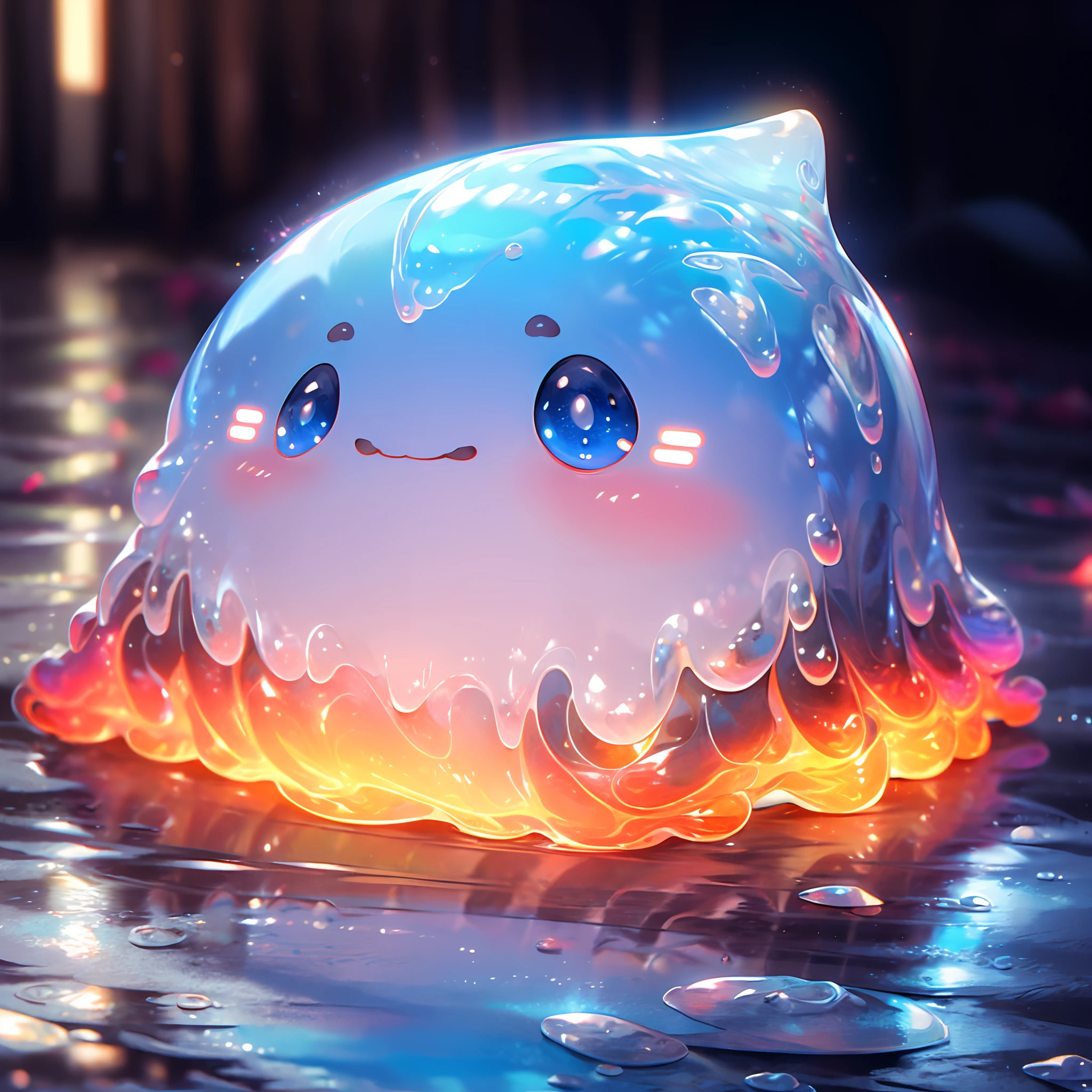 A shiny blue and red slime, cute face,vibrant and translucent texture, slime stretching and squishing, detailed, mesmerizing patterns and swirls, sparkling and reflecting light, satisfying to touch and play with, high-res masterpiece, vivid colors, illuminated with soft studio lighting.