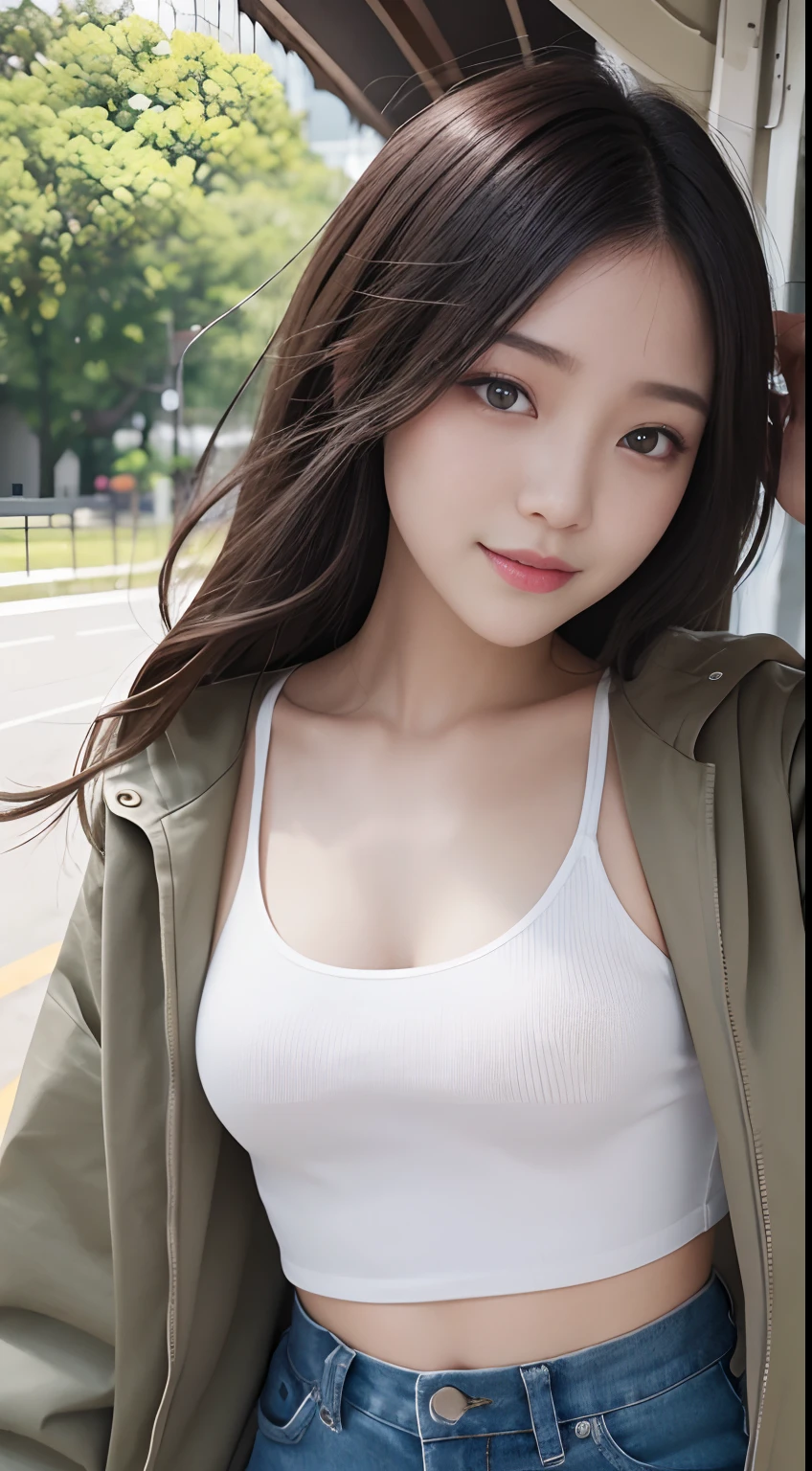 (RAW photogr:1.2), (Photorealistic:1.4), 1girll, 18 years old,adolable，a baby face，The most beautiful girl,Goose egg face，oval-face，fleshy on the face,，Good facial features，Dolce, Funny and charming smile，The smile and eyes are charming and charming，Beautiful meticulous girl, extremely detailed eye and face, Beautiful detailed eyes, ultra - detailed, hight resolution, Very detailed，best qualtiy，tmasterpiece，illustratio，Very detailed，nffsw，unified，8K Wallpapers，Up to detail，tmasterpiece，best qualtiy， wall-paper，Light on the face，Movie Lighting，Headshot，Attractive sexy expressions， Align with your brand：Mango Top：Mint Green Loose Short Sleeve T-Shirt（No leakage），（upper body closeup）（Emoji close-up）the body is fleshy，（stares at the camera）,Random Fashion Hairstyles，Flowing hair，perfect body type，Dynamic Posture，（closeup view），Emphasize the character's appealing expression，The background is a randomly different seaside。