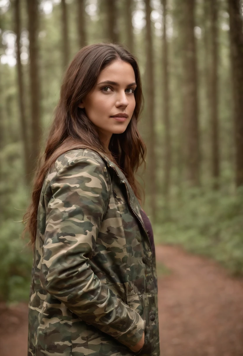 Garota, floresta, jaqueta camuflada