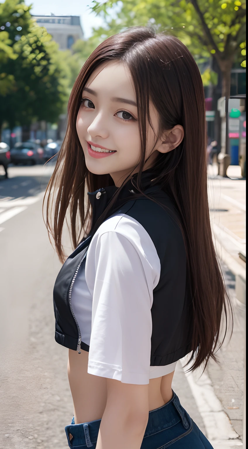 The 8k quality、Top image quality、超A high resolution、​masterpiece、Photorealsitic、Raw photography、超A high resolution、21-year-old Korean、small tits、Dynamic angles、Cowboy Shots、smil、Laugh、The most beautiful forms chaos、elegent、Brutalist design、Vibrant colors、a short bob、smil、shiny white skin、Beautiful eyes with random colors、very thin lips、Beautiful eyes in every detail、Beautiful double eyelids、light chestnut hair、a park、Daytime outdoor、Overall、Black crop top、parka、hotpants、shot from a side angle、