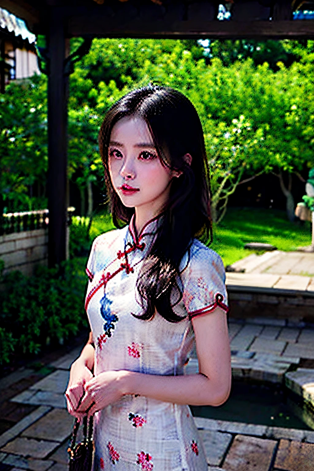 on cheongsam,short- sleeved,Embroidery,Elegant and sophisticated woman,full bodyesbian,Long black hair,Microvolumes,Big eyes,Small mouth,Delicate face,Best quality,8K,Masterpiece,depth of fields,hdr,Cute,Small Chinese courtyard,Dingdall effect,moving visuals,eventide,many color,Cinematic texture