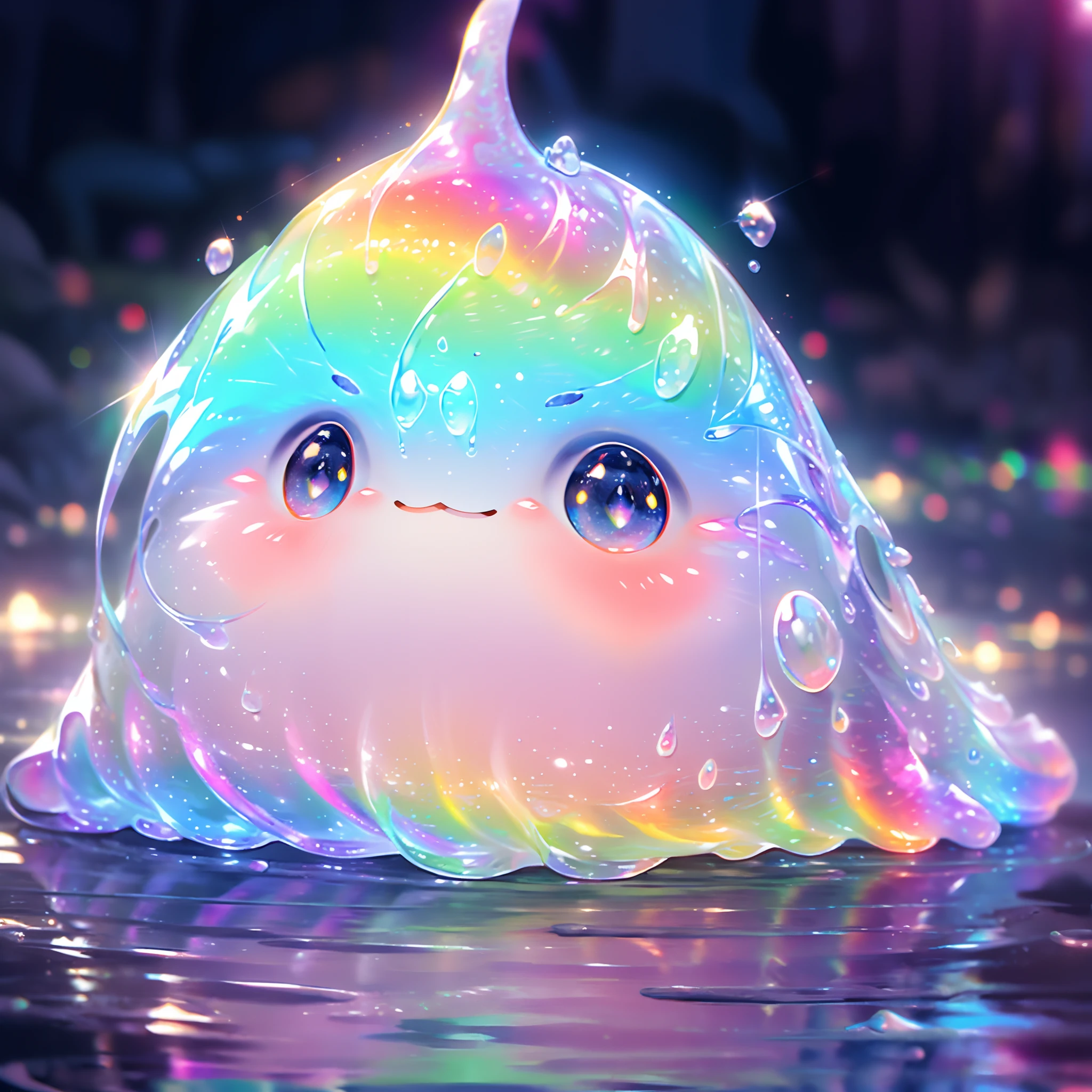 A shiny rainbow colorful slime, cute face,vibrant and translucent texture, slime stretching and squishing, detailed, mesmerizing patterns and swirls, sparkling and reflecting light, satisfying to touch and play with, high-res masterpiece, vivid colors, illuminated with soft studio lighting.