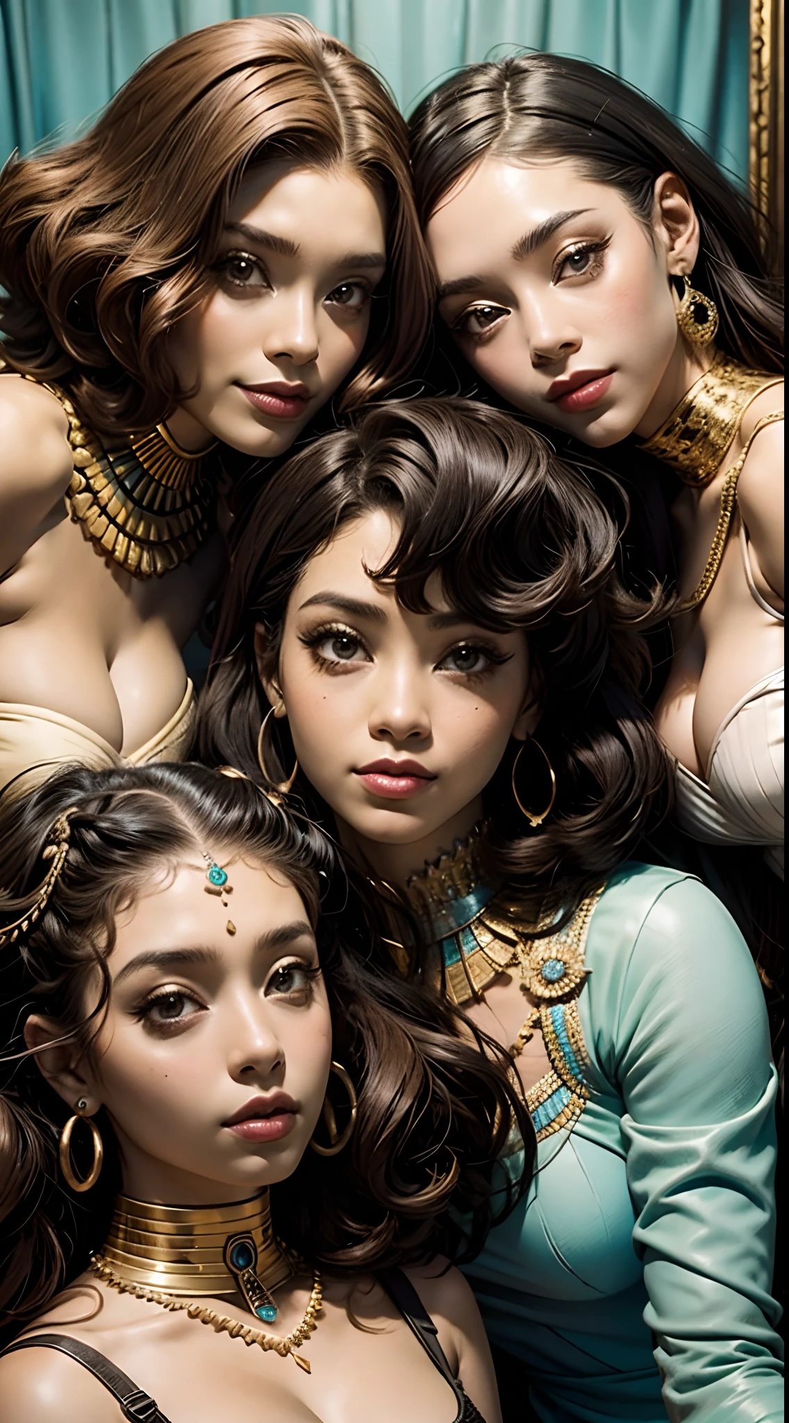 4 garotas juntas sorrindo,uma ruiva , um loira cabelo curto,an Egyptian,e a outra Afro americana