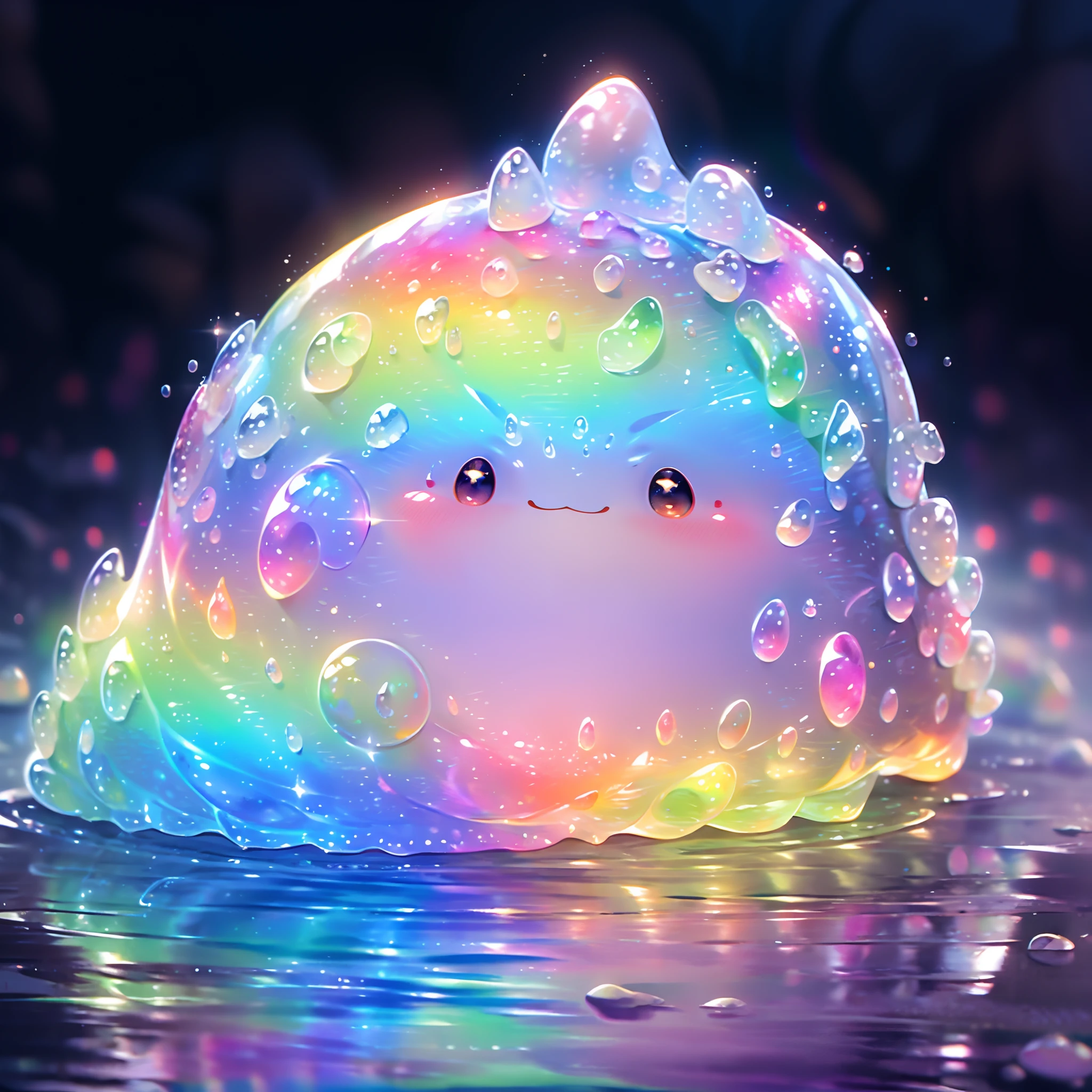 A shiny rainbow colorful slime, cute face,vibrant and translucent texture, slime stretching and squishing, detailed, mesmerizing patterns and swirls, sparkling and reflecting light, satisfying to touch and play with, high-res masterpiece, vivid colors, illuminated with soft studio lighting.