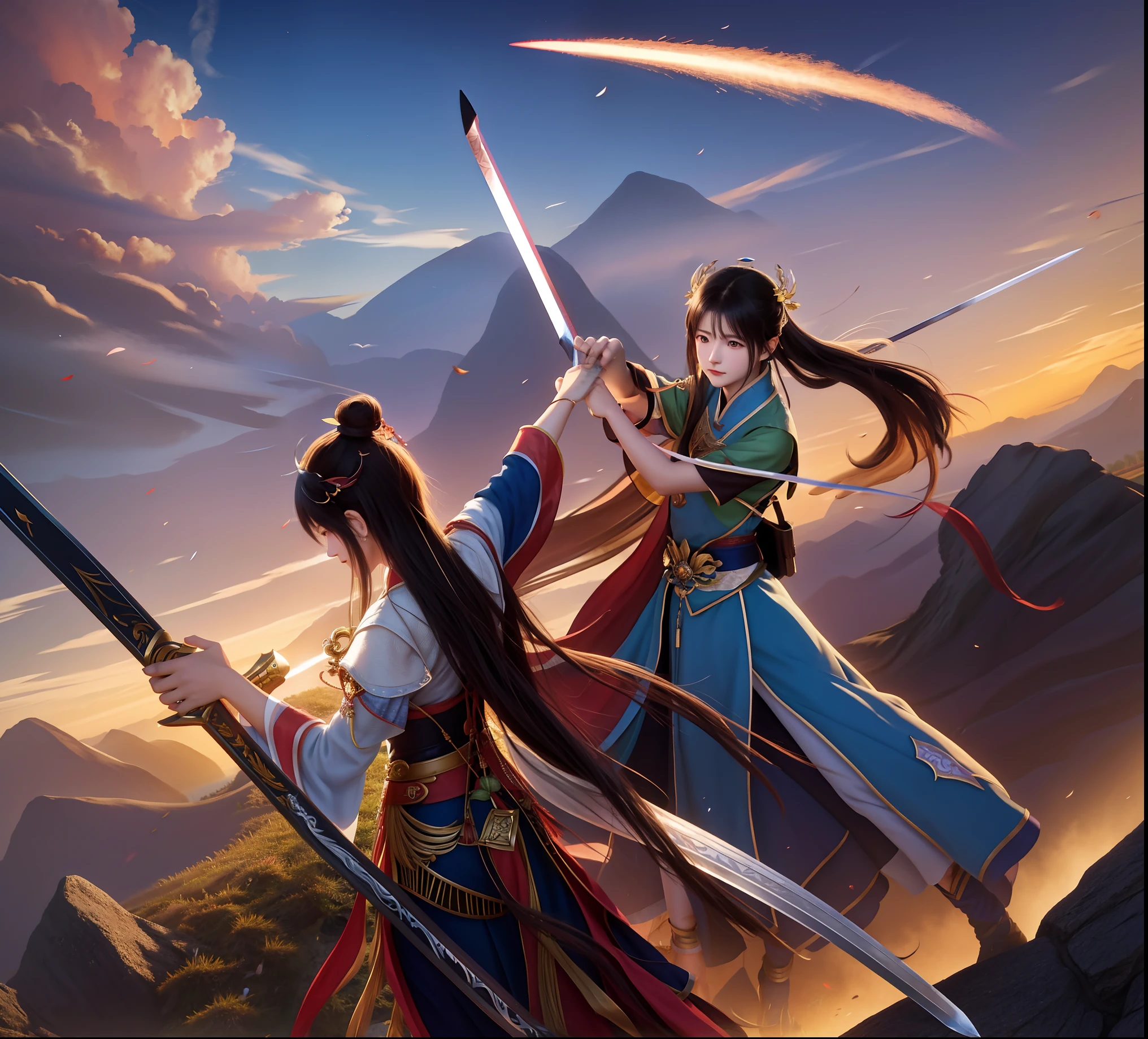 Draw two people fighting with swords on a cloud,Fairy style, by Yang J, By Li Song, author:Lin Liang, krenz cushart and wenjun lin, Guviz-style artwork, author:Zhang Han, author:Wu Zhun Shi Fan, By Zeng Jing, author:Chen Lin, yiqiang and shurakrgt, author:Xia Yong