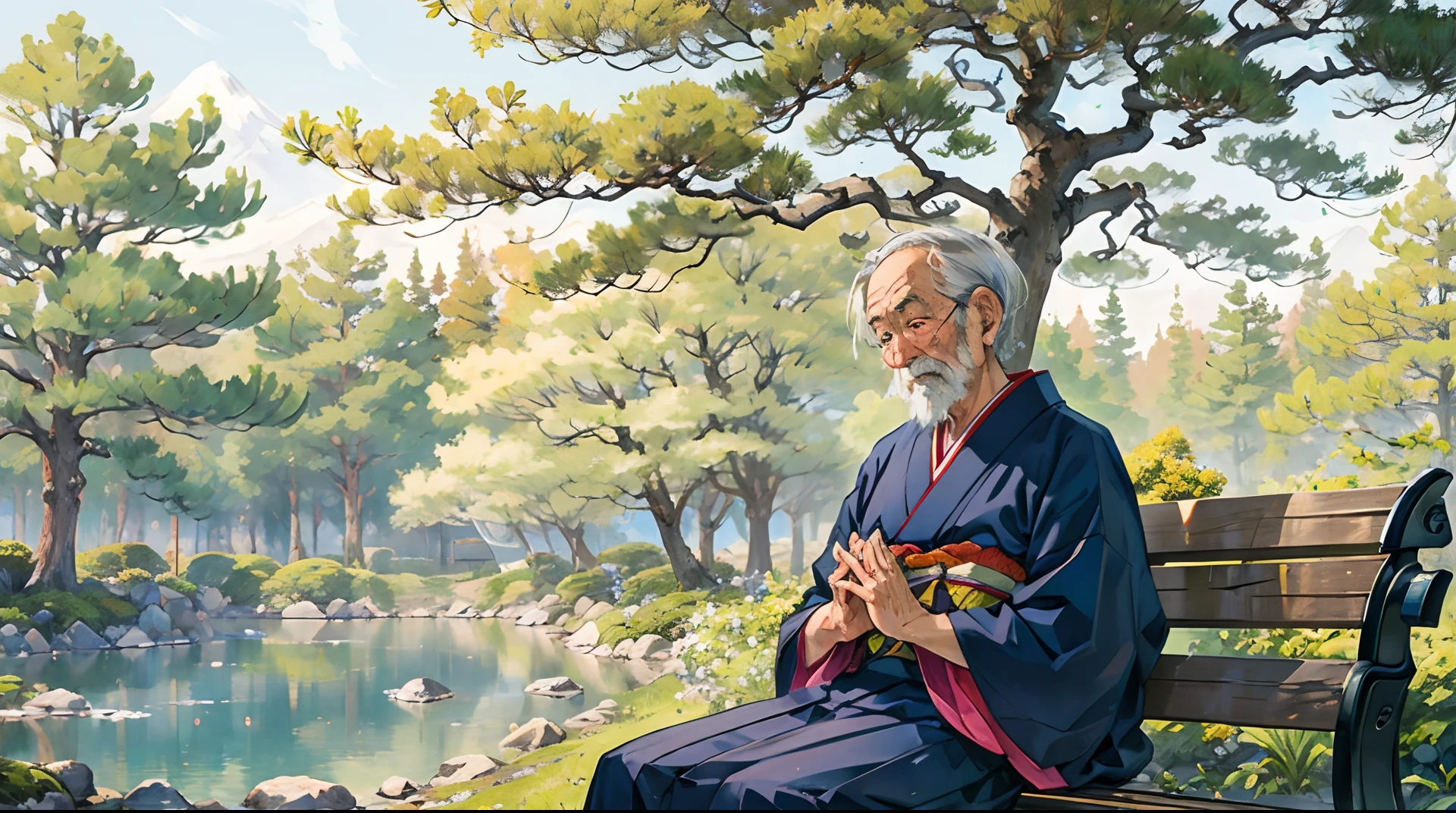 a man sitting on a bench, outdoors, japanese clothes, day, kimono, tree, own hands together, haori, old, old man