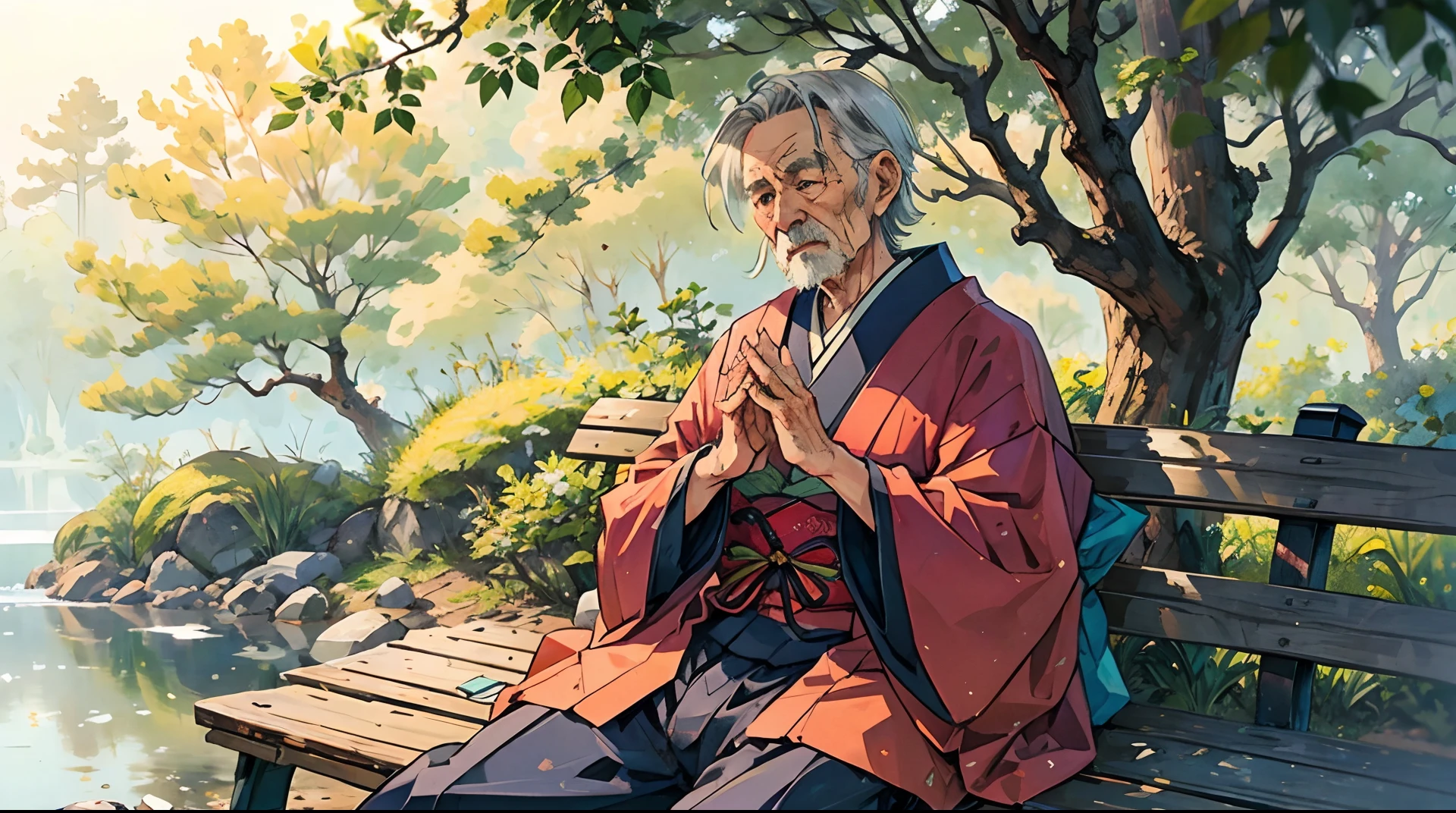 a man sitting on a bench, outdoors, japanese clothes, day, kimono, tree, own hands together, haori, old, old man