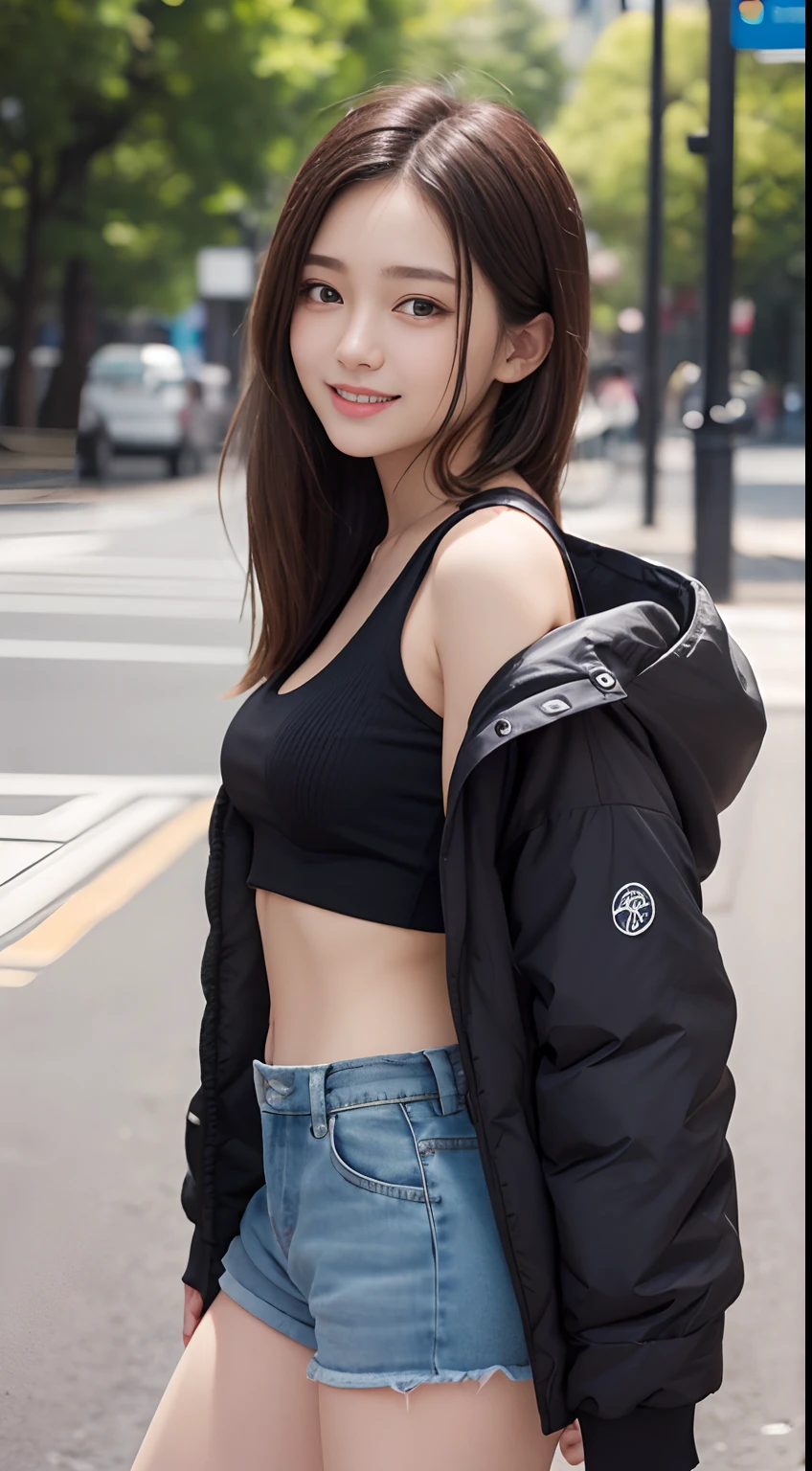 The 8k quality、Top image quality、超A high resolution、masterpiece、Photorealsitic、Raw photography、超A high resolution、21-year-old Korean、small tits、Dynamic angles、Cowboy Shots、smil、Laugh、The most beautiful forms chaos、elegent、Brutalist design、Vibrant colors、a short bob、smil、shiny white skin、Beautiful eyes with random colors、very thin lips、Beautiful eyes in every detail、Beautiful double eyelids、light chestnut hair、a park、Daytime outdoor、Overall、Black crop top、parka、hotpants、shot from a side angle、